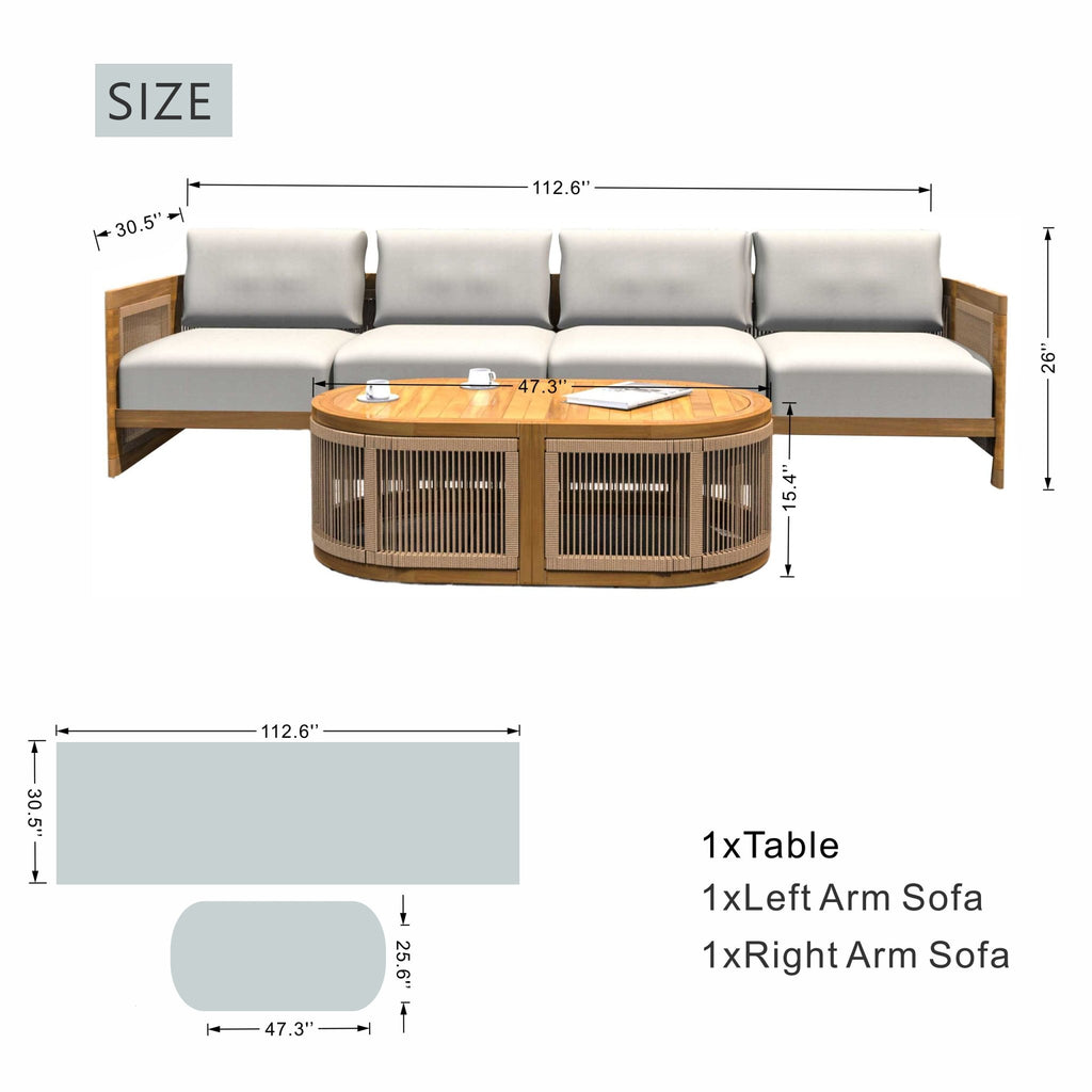 Solid Wood 4-Seater Sofa with Oval Coffee Table (PAS-2516-LS+RS+OTA) - Direct Wicker