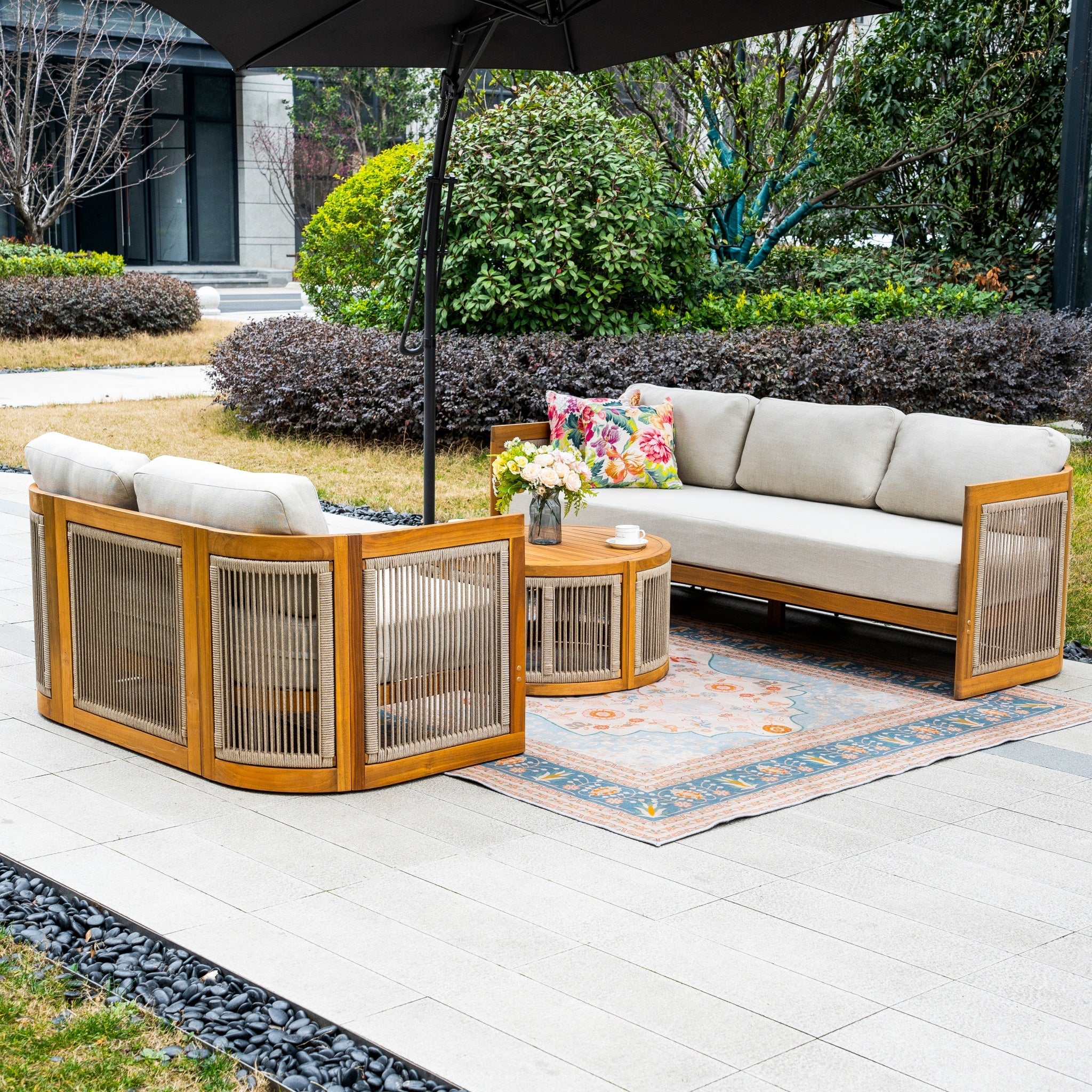 Solid Wood 5 - Seater Sofa Set with Round Coffee Table (PAS - 2515 - 3SS+2SS+RTA) - Direct Wicker