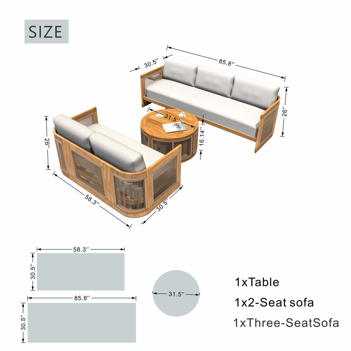 Solid Wood 5 - Seater Sofa Set with Round Coffee Table (PAS - 2515 - 3SS+2SS+RTA) - Direct Wicker