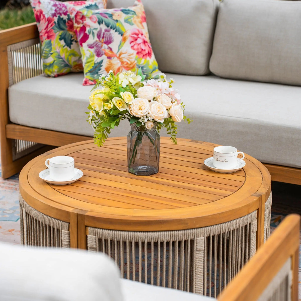 Solid Wood 5 - Seater Sofa Set with Round Coffee Table (PAS - 2515 - 3SS+2SS+RTA) - Direct Wicker