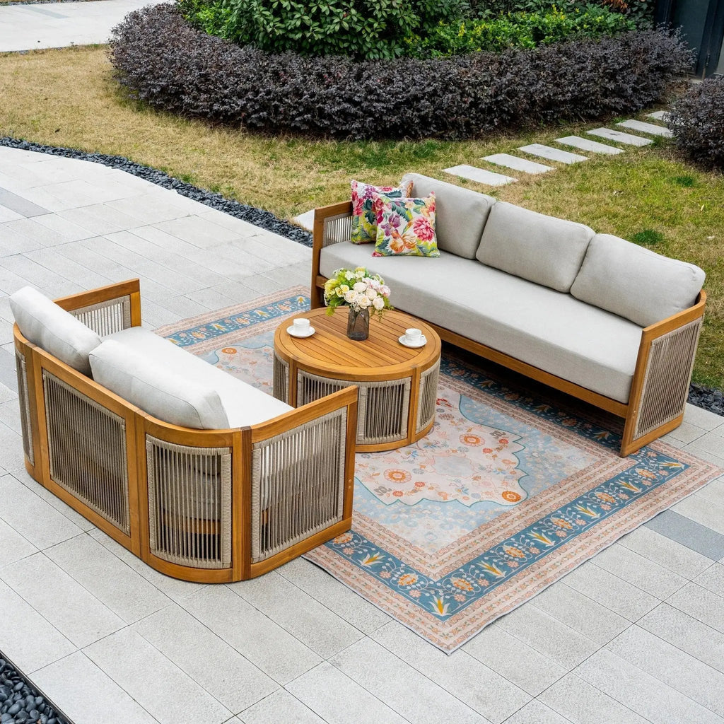 Solid Wood 5 - Seater Sofa Set with Round Coffee Table (PAS - 2515 - 3SS+2SS+RTA) - Direct Wicker