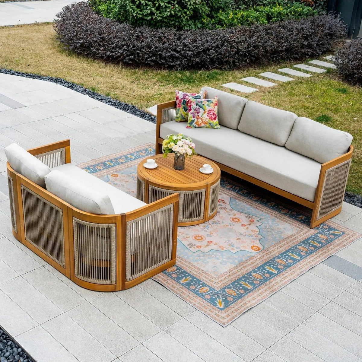 Solid Wood 5 - Seater Sofa Set with Round Coffee Table (PAS - 2515 - 3SS+2SS+RTA) - Direct Wicker