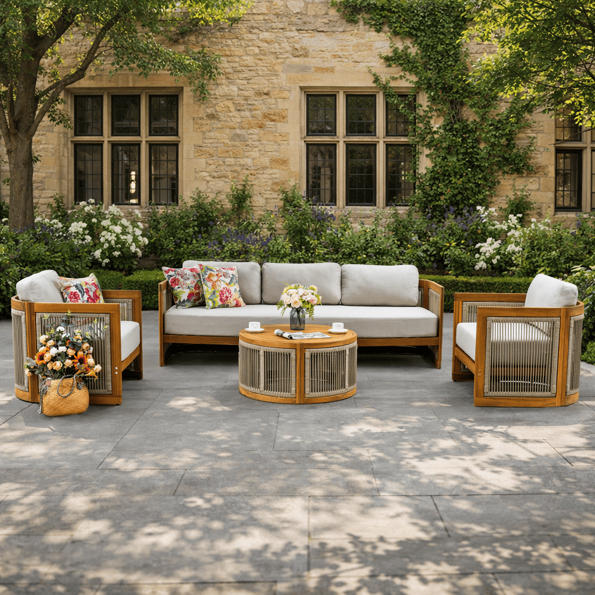 Solid Wood 5 - Seater Sofa Set with Round Coffee Table (PAS - 2515 - 3SS+SSx2+RTA) - Direct Wicker
