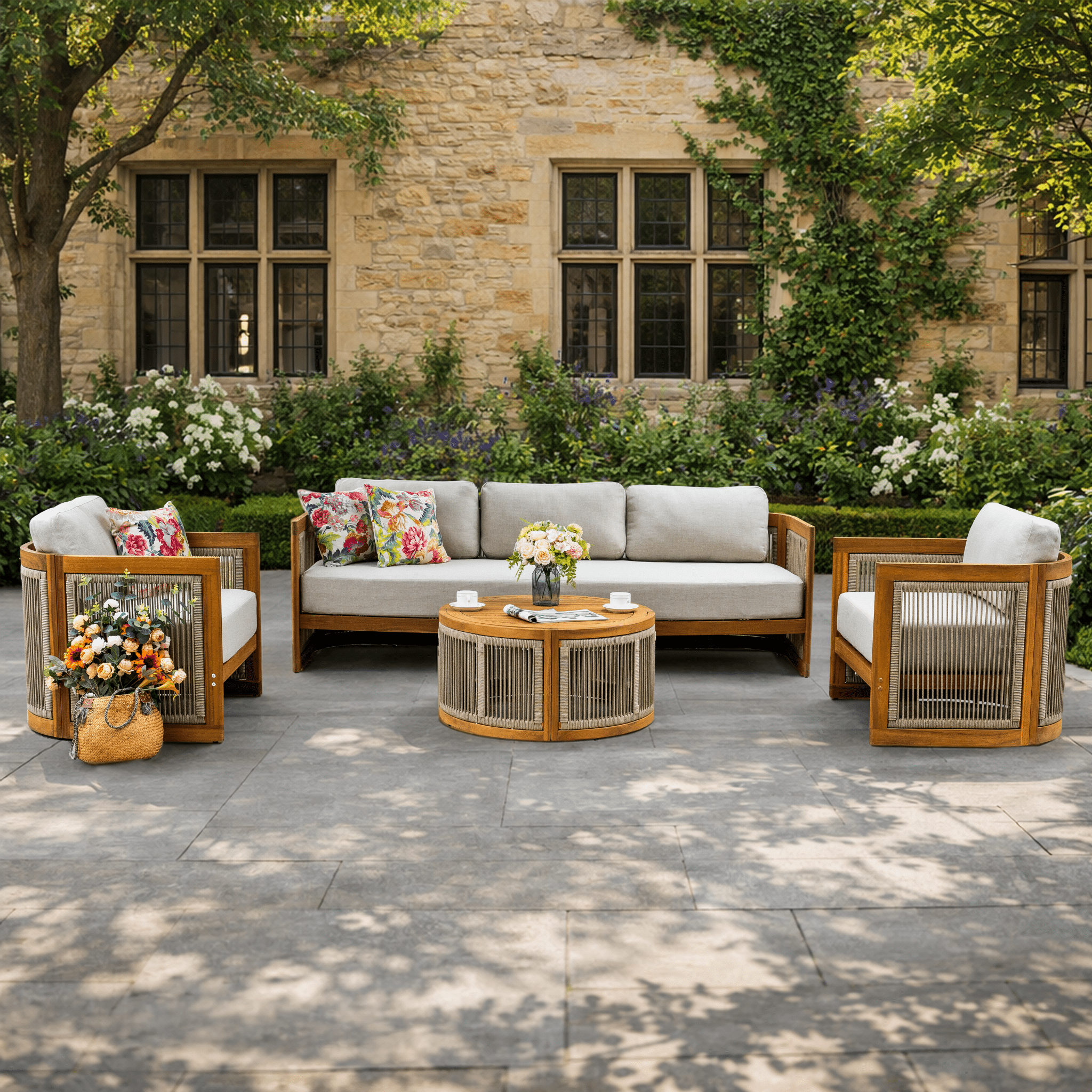 Solid Wood 5 - Seater Sofa Set with Round Coffee Table (PAS - 2515 - 3SS+SSx2+RTA) - Direct Wicker