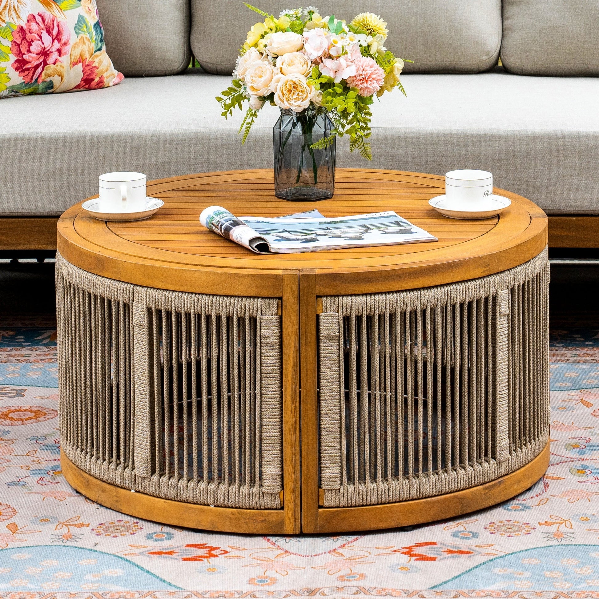 Solid Wood 5 - Seater Sofa Set with Round Coffee Table (PAS - 2515 - 3SS+SSx2+RTA) - Direct Wicker