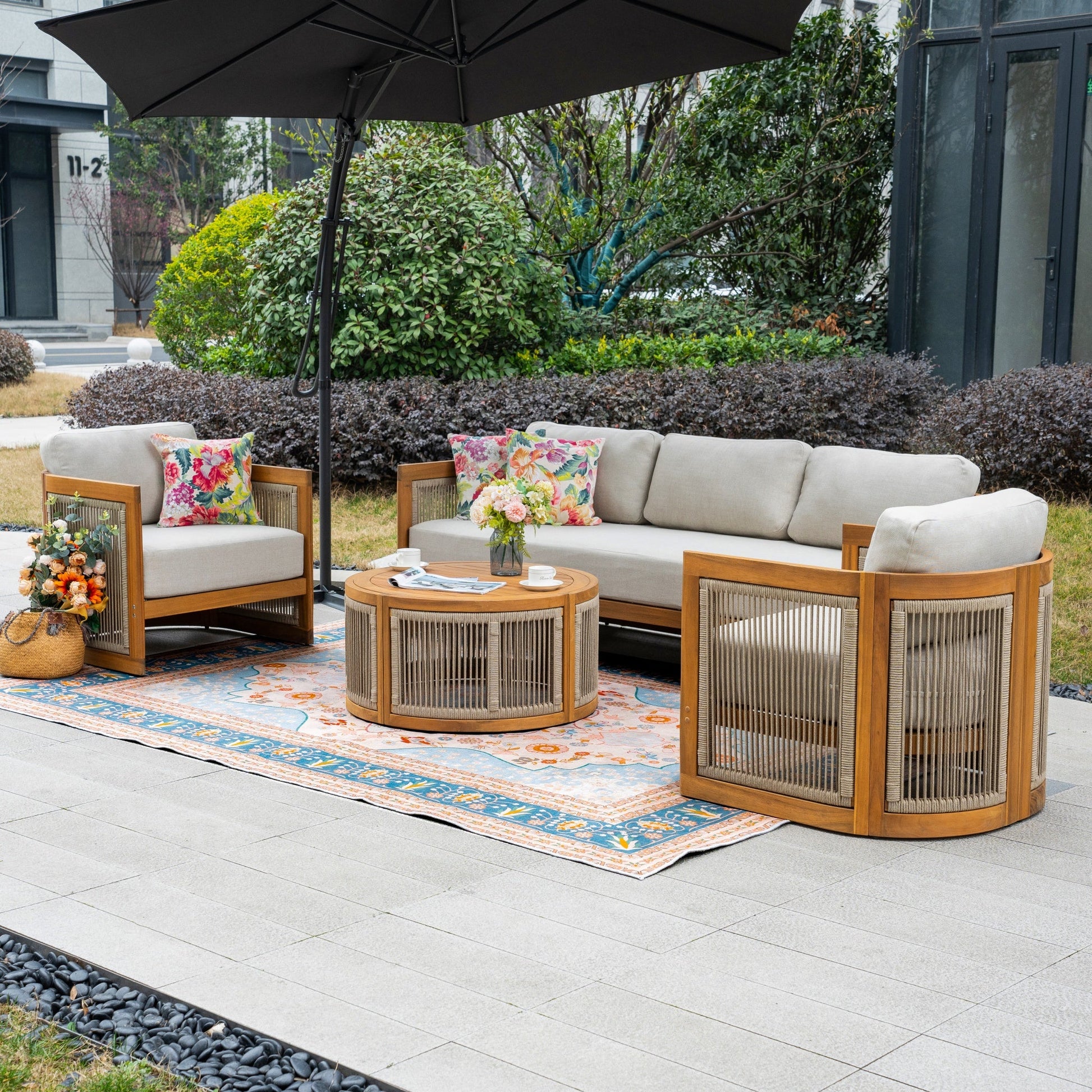 Solid Wood 5 - Seater Sofa Set with Round Coffee Table (PAS - 2515 - 3SS+SSx2+RTA) - Direct Wicker