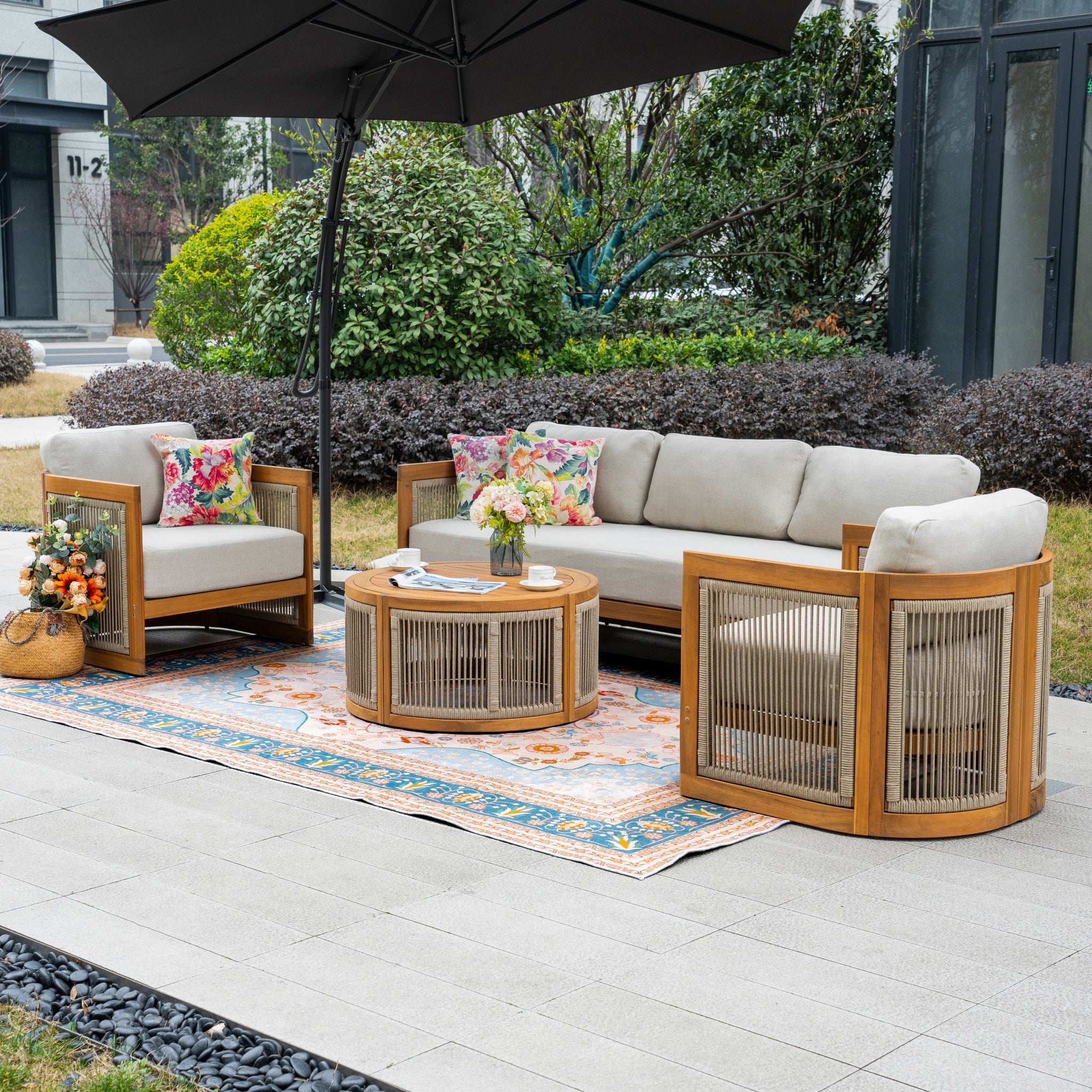 Solid Wood 5 - Seater Sofa Set with Round Coffee Table (PAS - 2515 - 3SS+SSx2+RTA) - Direct Wicker