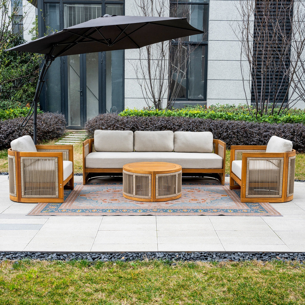Solid Wood 5 - Seater Sofa Set with Round Coffee Table (PAS - 2515 - 3SS+SSx2+RTA) - Direct Wicker