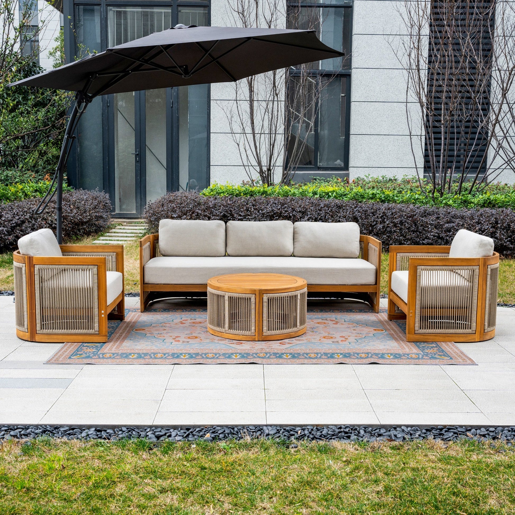 Solid Wood 5 - Seater Sofa Set with Round Coffee Table (PAS - 2515 - 3SS+SSx2+RTA) - Direct Wicker