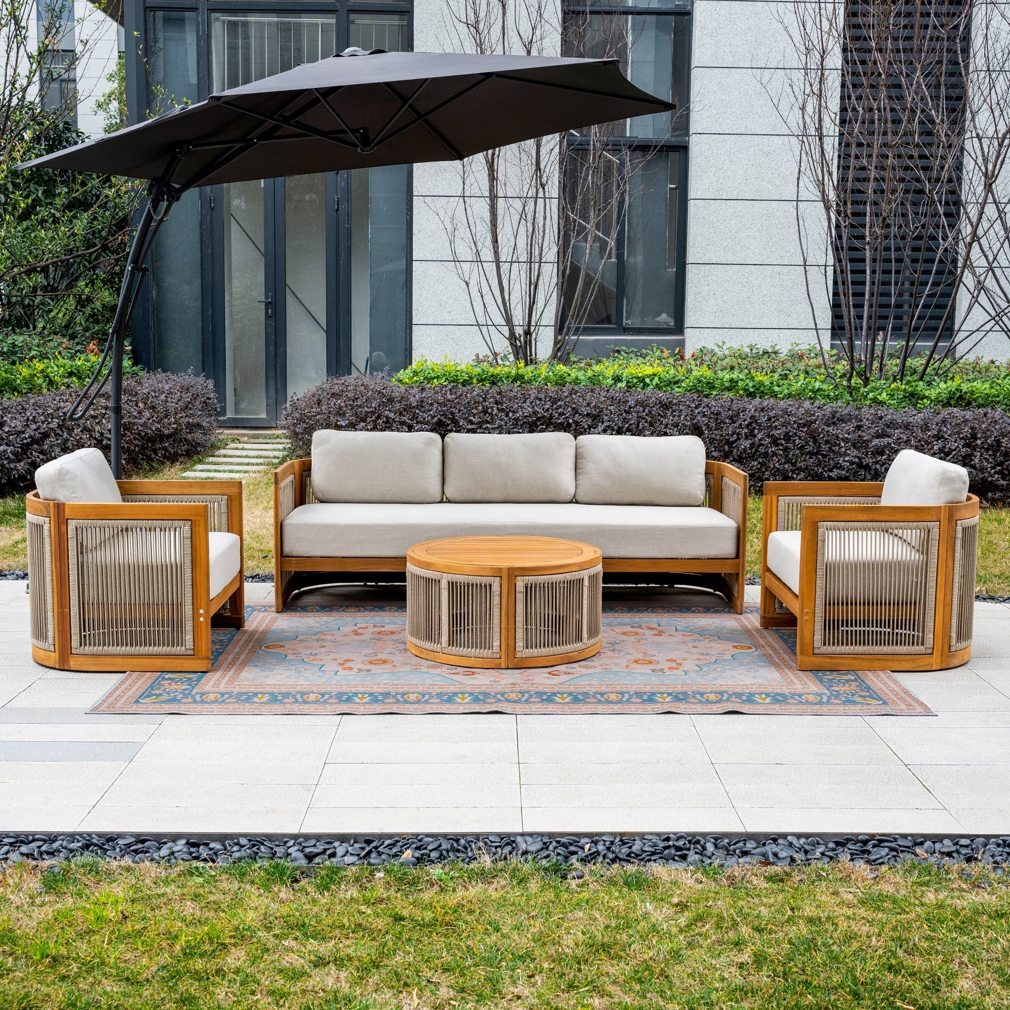 Solid Wood 5 - Seater Sofa Set with Round Coffee Table (PAS - 2515 - 3SS+SSx2+RTA) - Direct Wicker