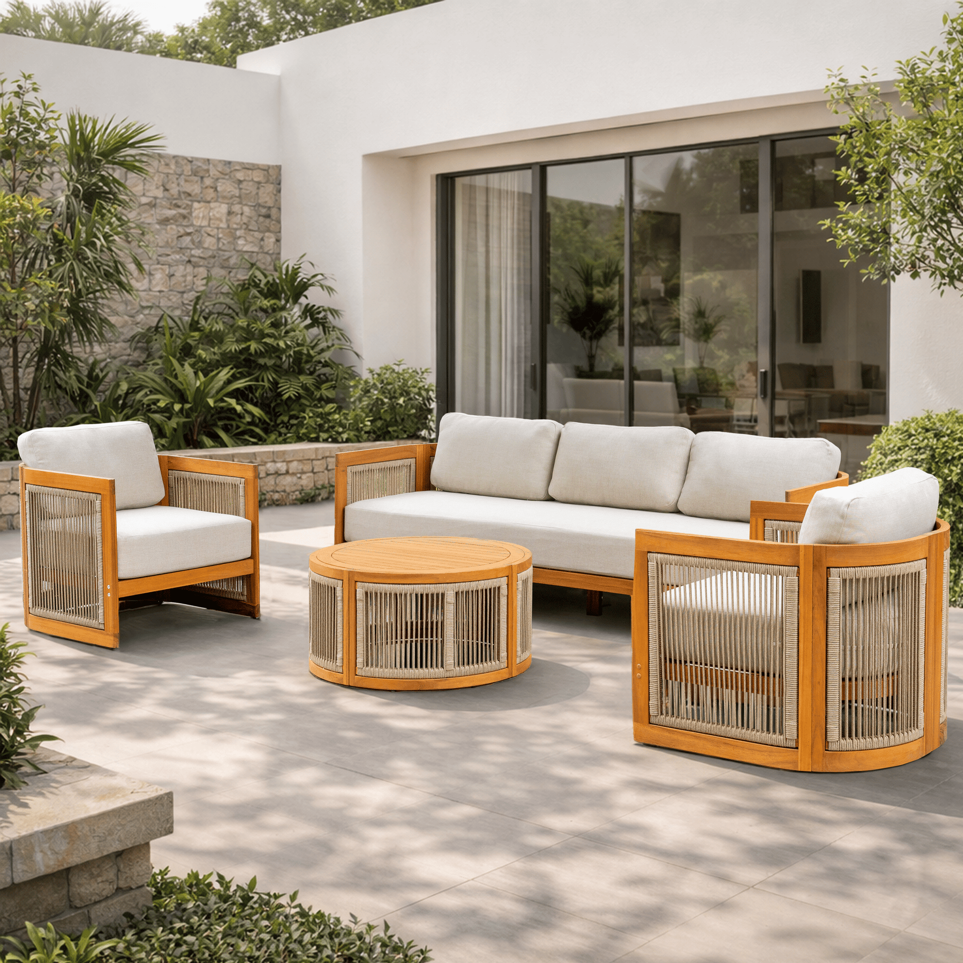 Solid Wood 5 - Seater Sofa Set with Round Coffee Table (PAS - 2515 - 3SS+SSx2+RTA) - Direct Wicker