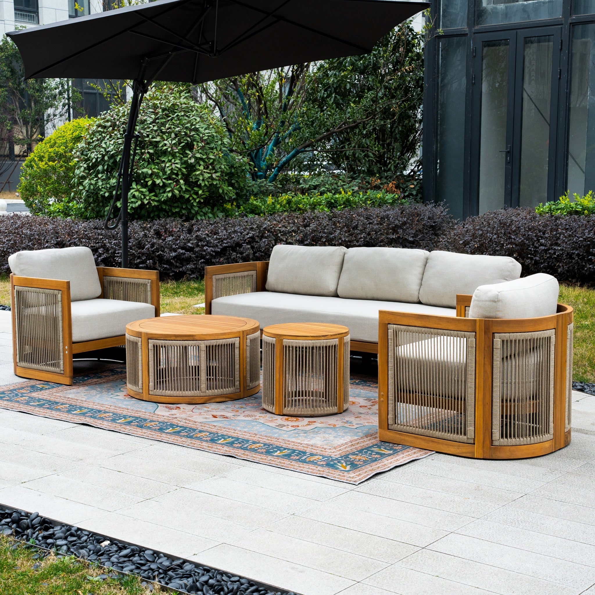 Solid Wood 5 - Seater Sofa Set with Round Coffee Table (PAS - 2515 - SC*2+3SC+RTA+2518 - ST) - Direct Wicker