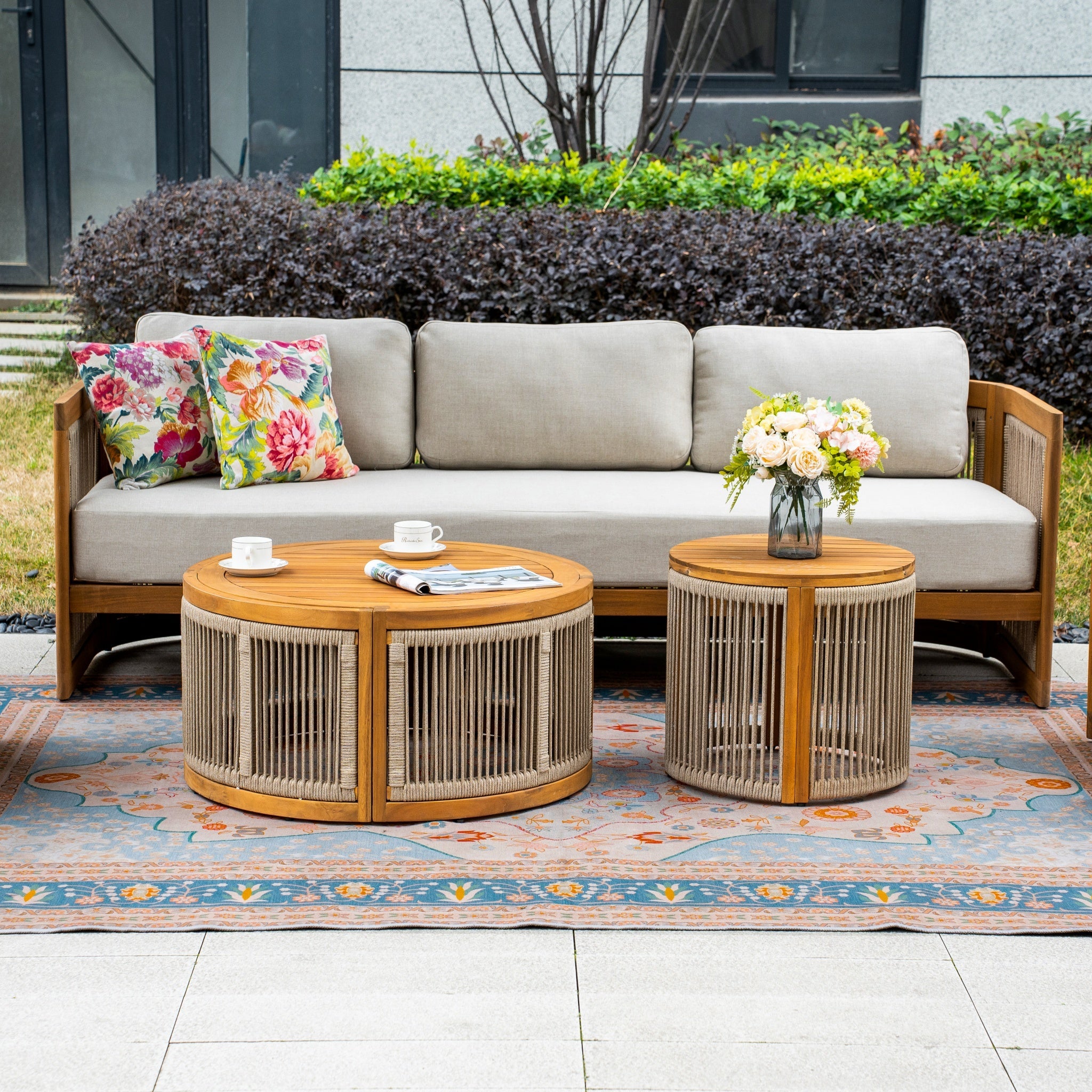 Solid Wood 5 - Seater Sofa Set with Round Coffee Table (PAS - 2515 - SC*2+3SC+RTA+2518 - ST) - Direct Wicker