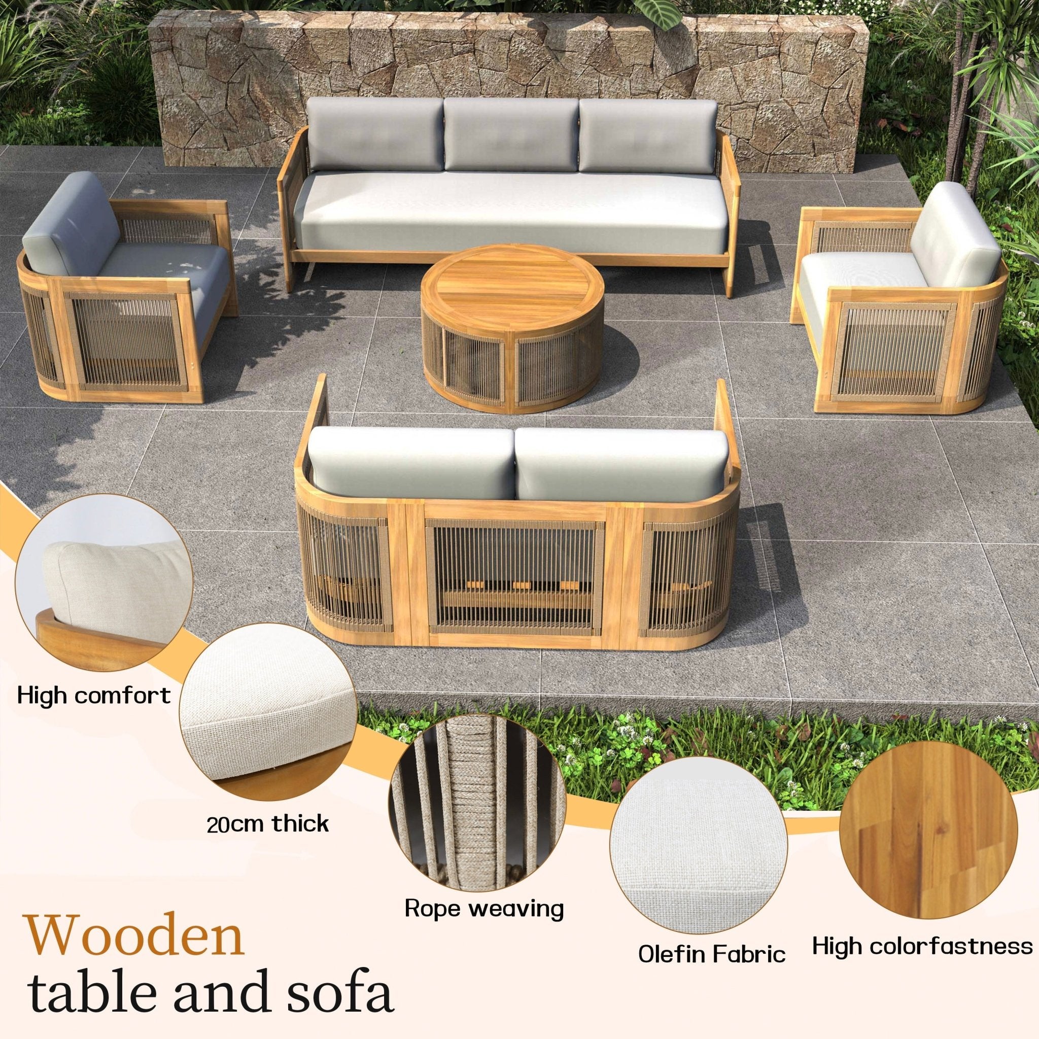 Solid Wood 5 - Seater Sofa Set with Round Coffee Table (PAS - 2515 - SC*2+3SC+RTA+2518 - ST) - Direct Wicker
