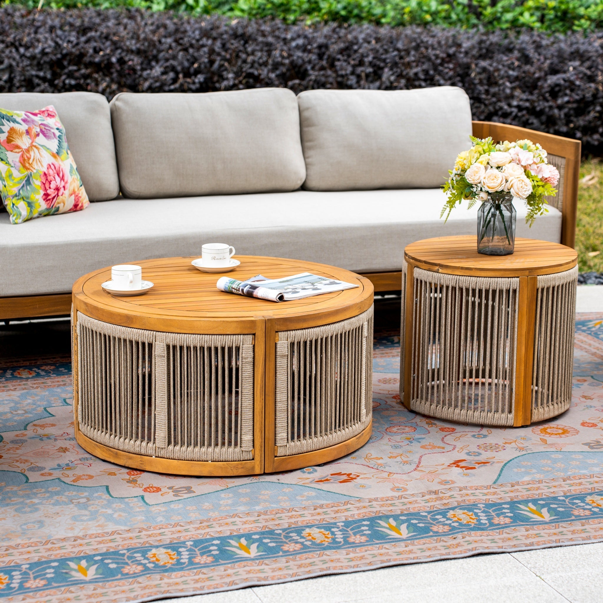 Solid Wood 5 - Seater Sofa Set with Round Coffee Table (PAS - 2515 - SC*2+3SC+RTA+2518 - ST) - Direct Wicker