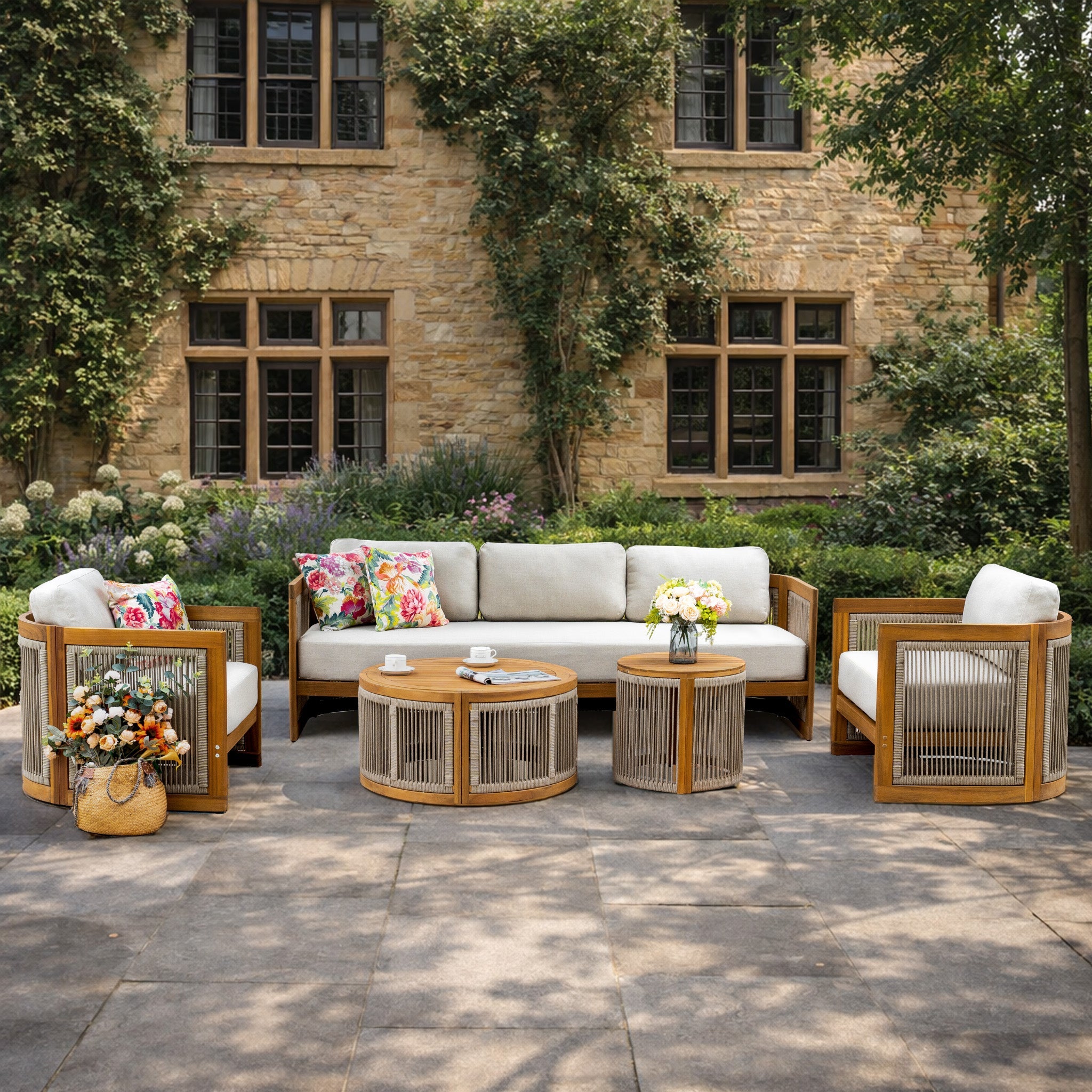 Solid Wood 5 - Seater Sofa Set with Round Coffee Table (PAS - 2515 - SC*2+3SC+RTA+2518 - ST) - Direct Wicker