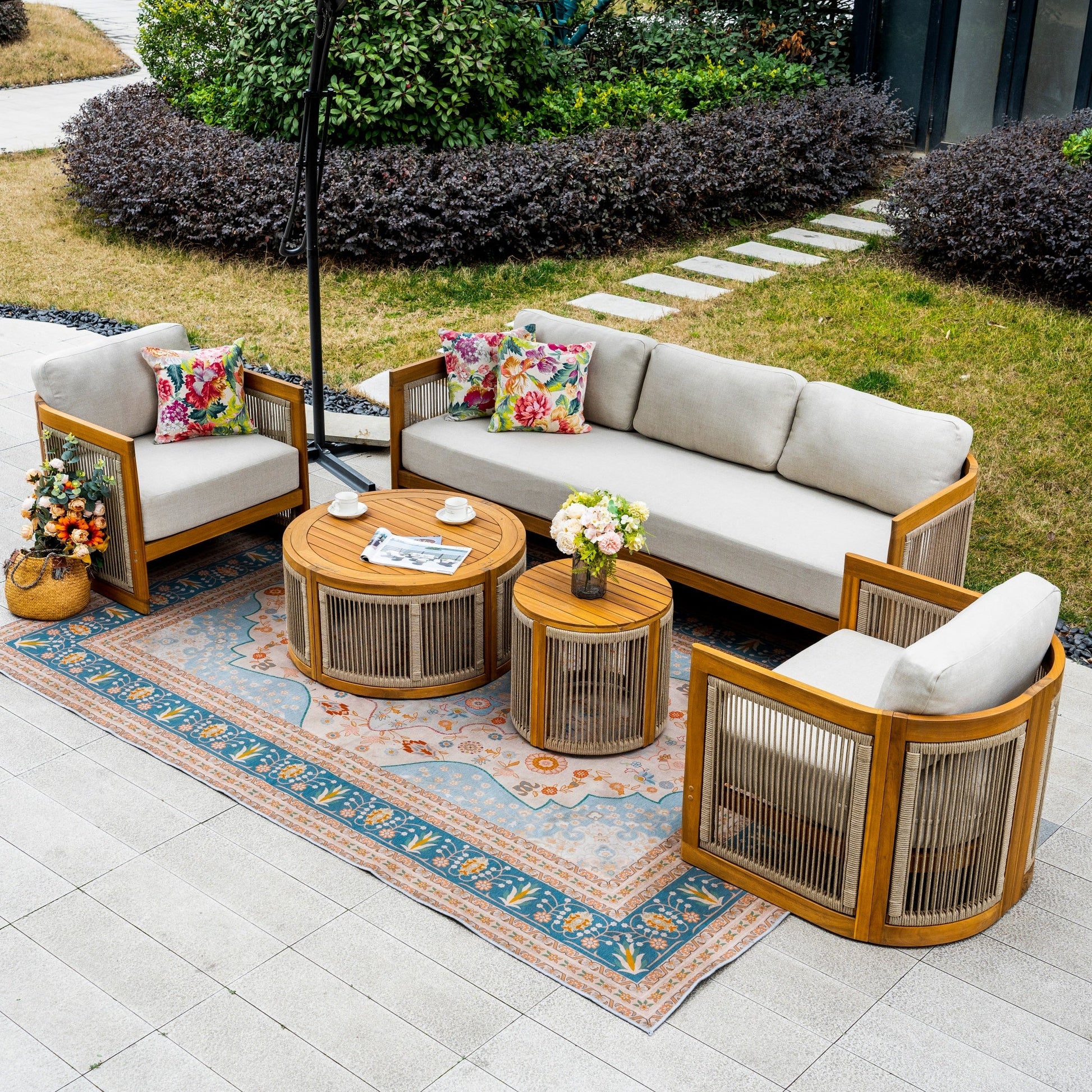 Solid Wood 5 - Seater Sofa Set with Round Coffee Table (PAS - 2515 - SC*2+3SC+RTA+2518 - ST) - Direct Wicker