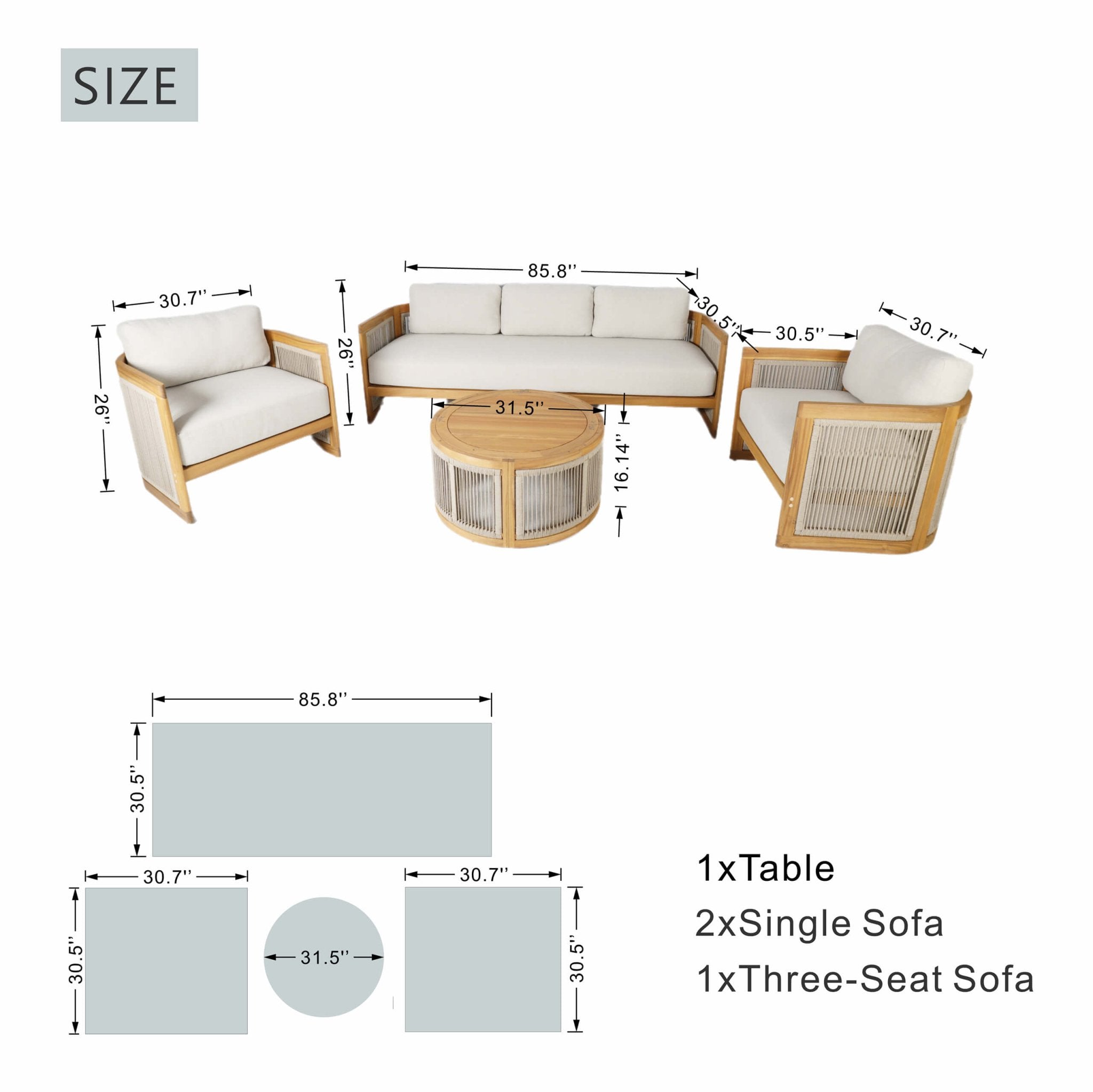 Solid Wood 5 - Seater Sofa Set with Round Coffee Table (PAS - 2515 - SC*2+3SC+RTA+2518 - ST) - Direct Wicker
