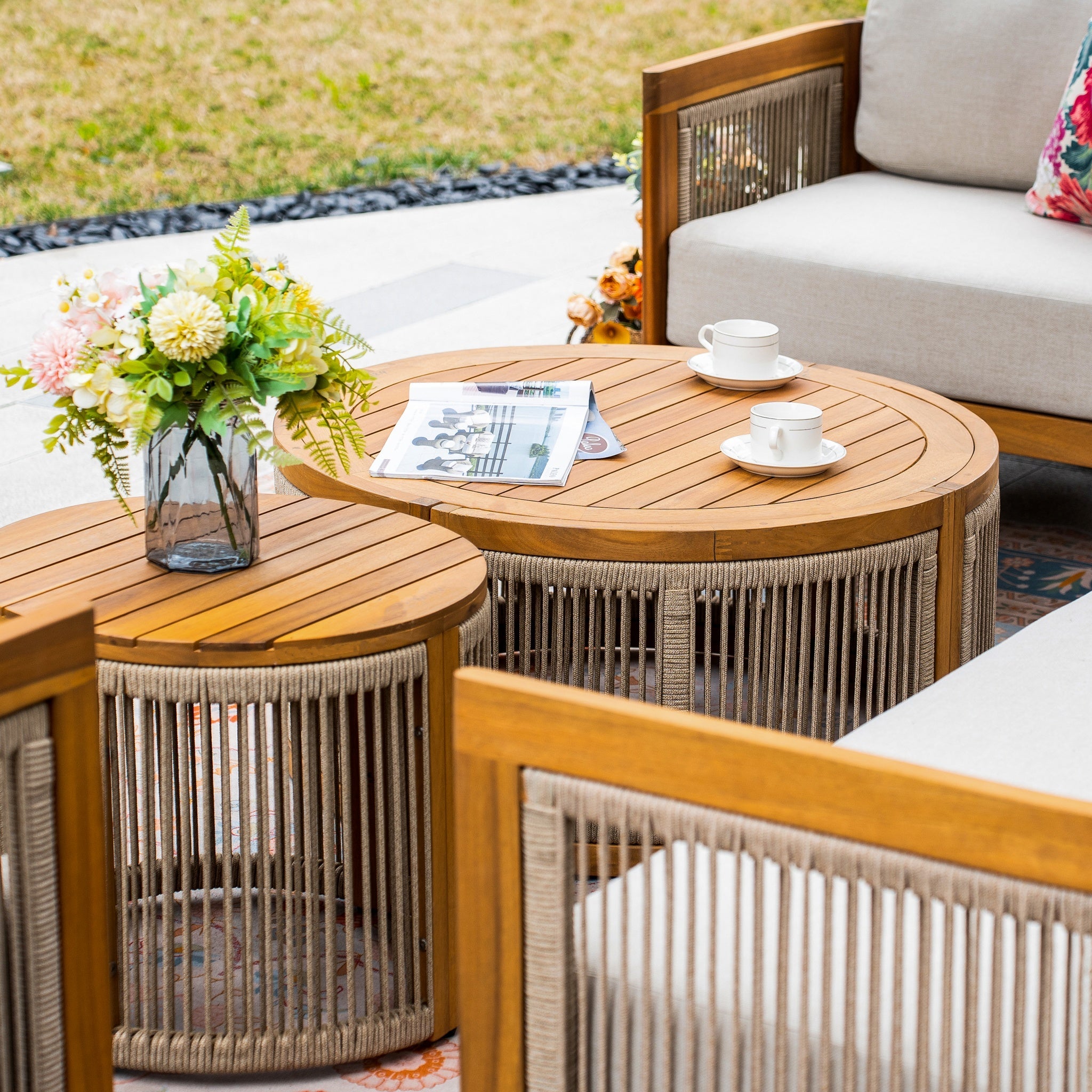 Solid Wood 5 - Seater Sofa Set with Round Coffee Table (PAS - 2515 - SC*2+3SC+RTA+2518 - ST) - Direct Wicker