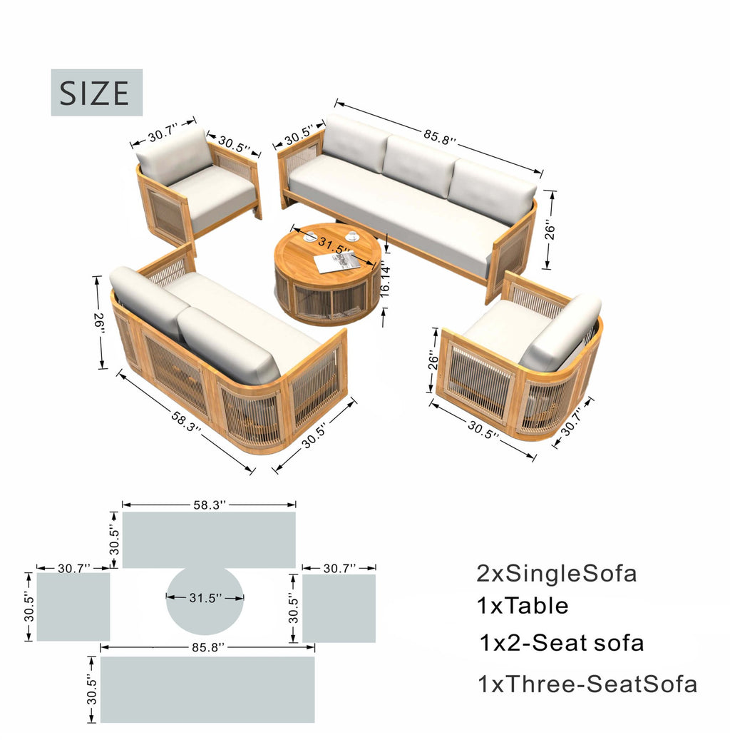 Solid Wood 7 - Seater Sofa Set with Round Coffee Table (PAS - 2515 - 3SS+2SS+SSx2+RTA) - Direct Wicker