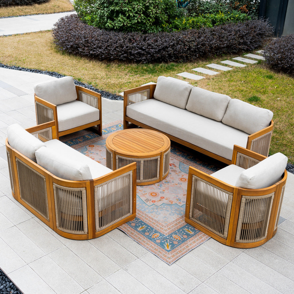 Solid Wood 7 - Seater Sofa Set with Round Coffee Table (PAS - 2515 - 3SS+2SS+SSx2+RTA) - Direct Wicker