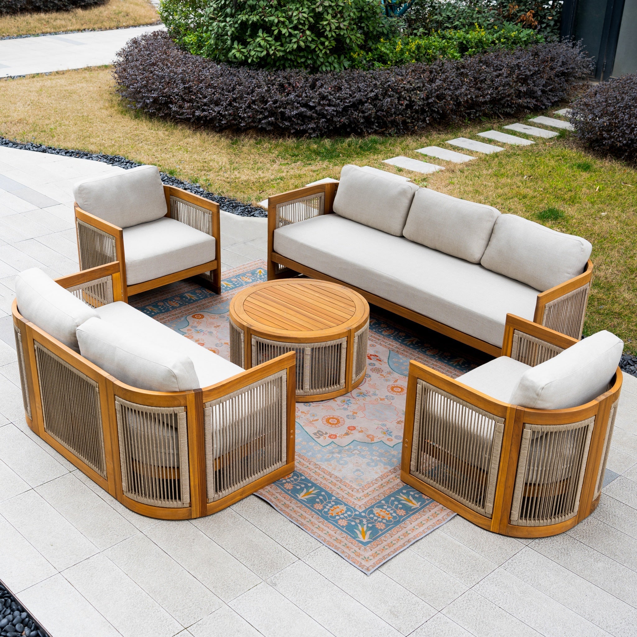 Solid Wood 7 - Seater Sofa Set with Round Coffee Table (PAS - 2515 - 3SS+2SS+SSx2+RTA) - Direct Wicker