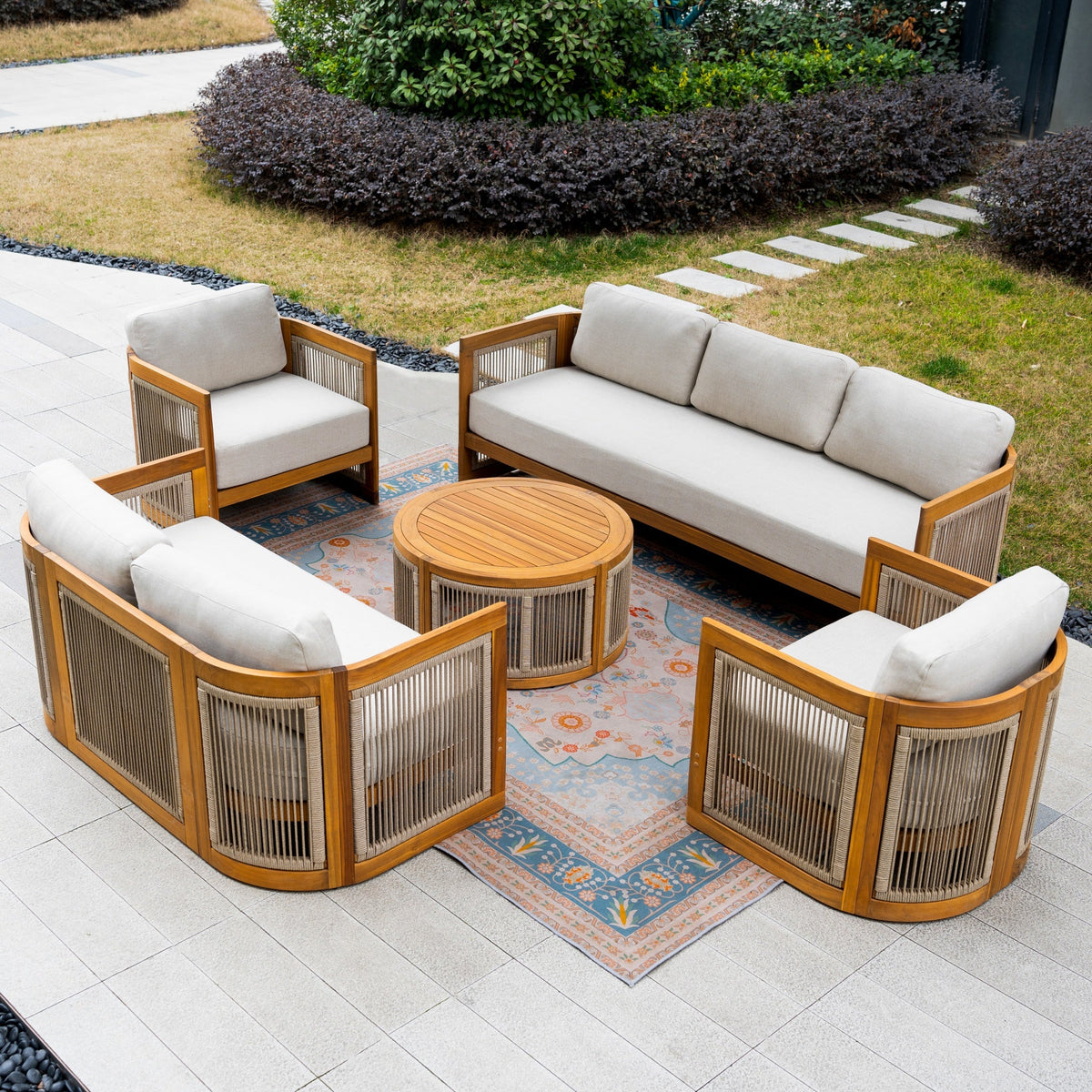Solid Wood 7 - Seater Sofa Set with Round Coffee Table (PAS - 2515 - 3SS+2SS+SSx2+RTA) - Direct Wicker