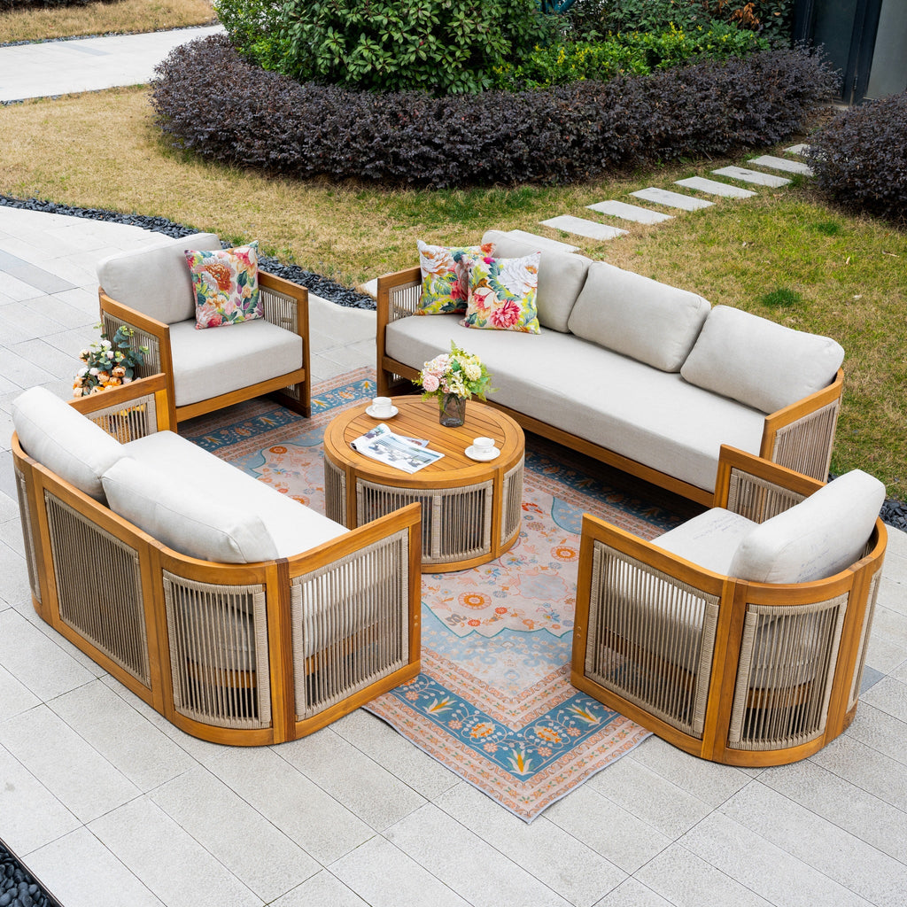 Solid Wood 7 - Seater Sofa Set with Round Coffee Table (PAS - 2515 - 3SS+2SS+SSx2+RTA) - Direct Wicker