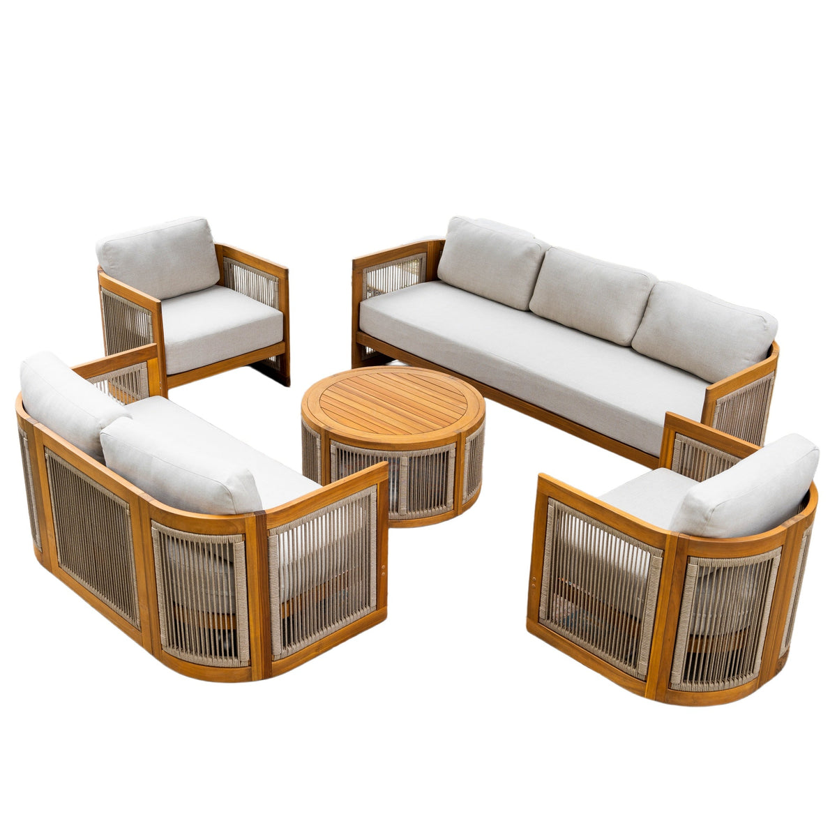 Solid Wood 7 - Seater Sofa Set with Round Coffee Table (PAS - 2515 - 3SS+2SS+SSx2+RTA) - Direct Wicker