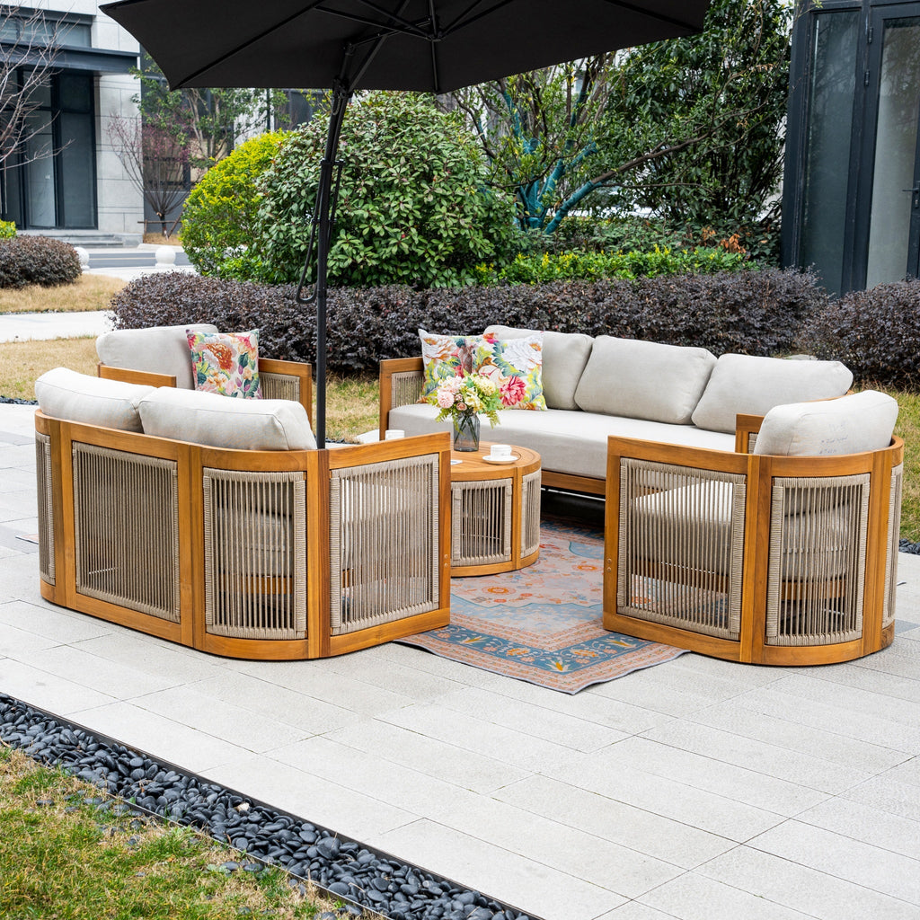 Solid Wood 7 - Seater Sofa Set with Round Coffee Table (PAS - 2515 - 3SS+2SS+SSx2+RTA) - Direct Wicker