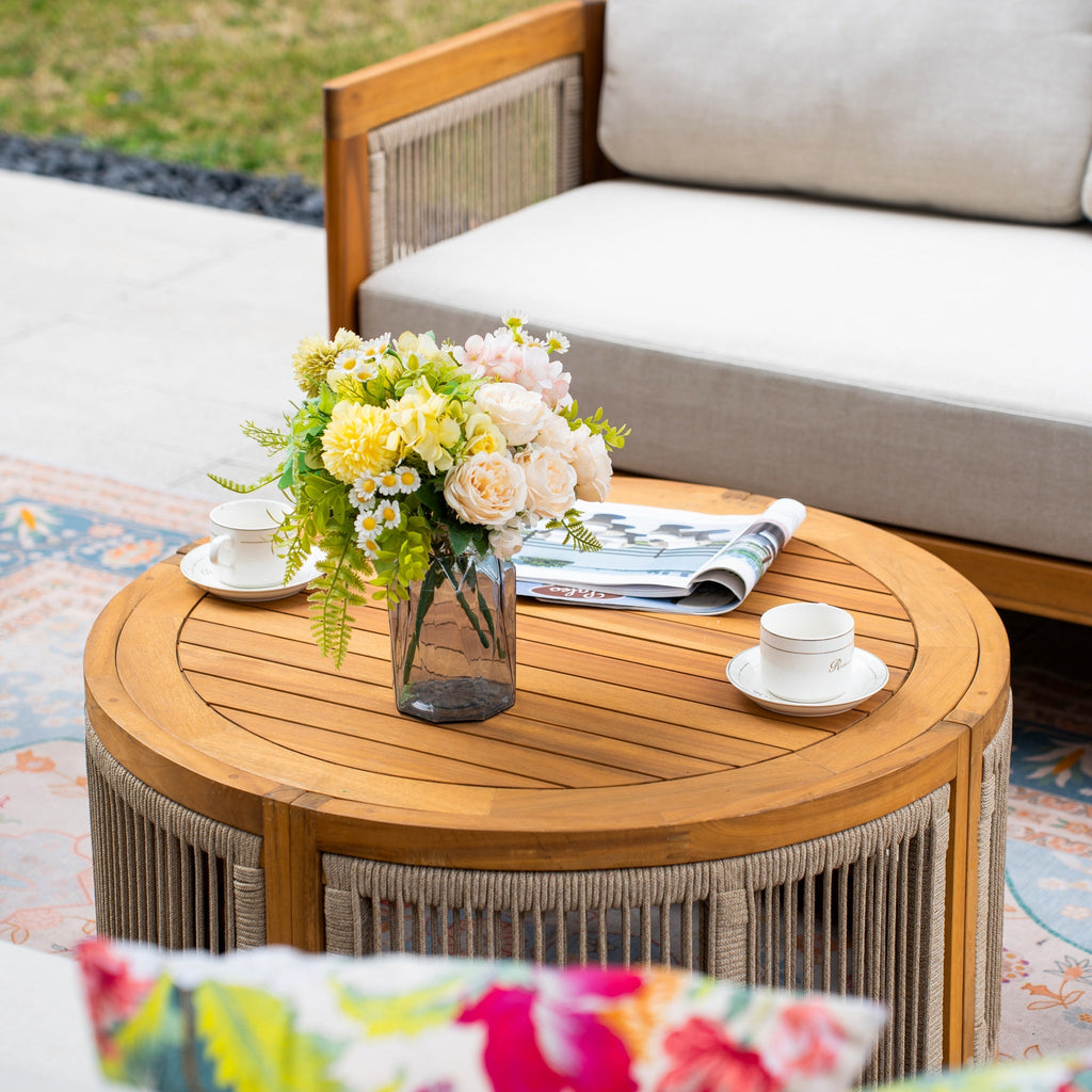Solid Wood 7 - Seater Sofa Set with Round Coffee Table (PAS - 2515 - 3SS+2SS+SSx2+RTA) - Direct Wicker