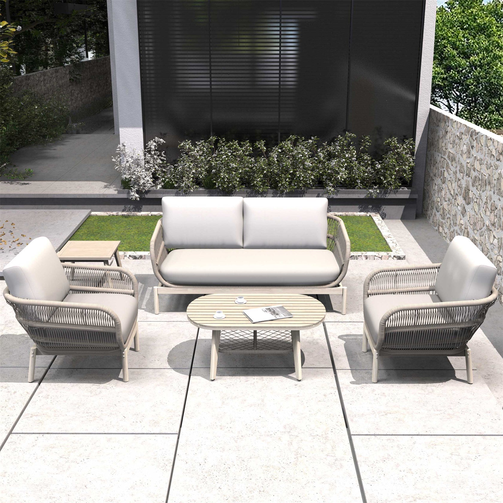 Solid Wood Bench & Chair Sets – Outdoor Seating Set with Comfort & Woven Rope Design (PAC - 2524) - Direct Wicker