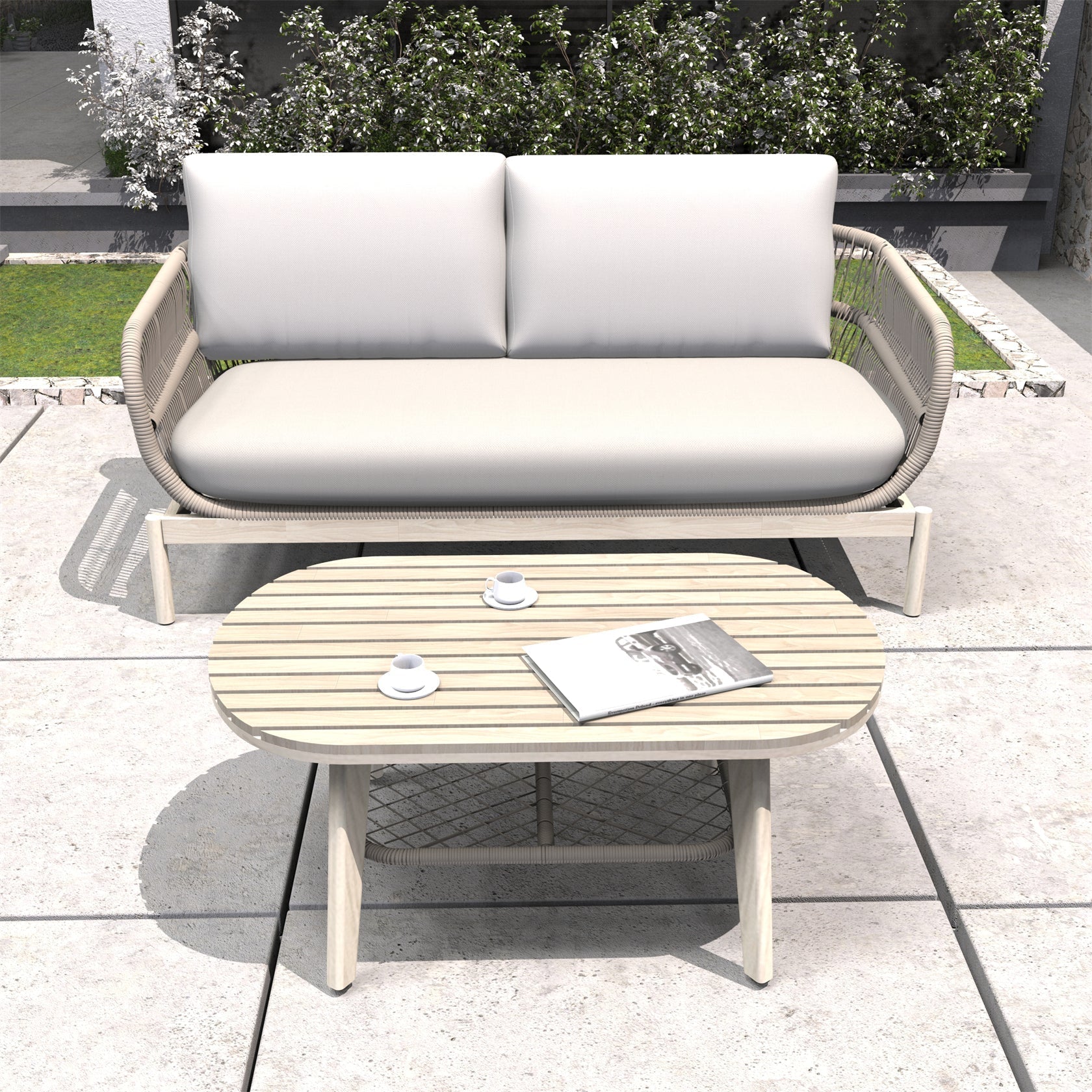 Solid Wood Bench & Chair Sets – Outdoor Seating Set with Comfort & Woven Rope Design (PAC - 2524) - Direct Wicker
