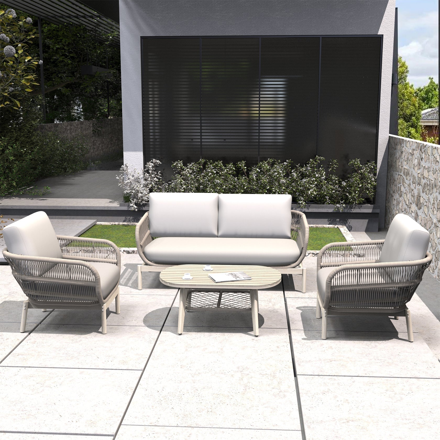 Solid Wood Bench & Chair Sets – Outdoor Seating Set with Comfort & Woven Rope Design (PAC - 2524) - Direct Wicker