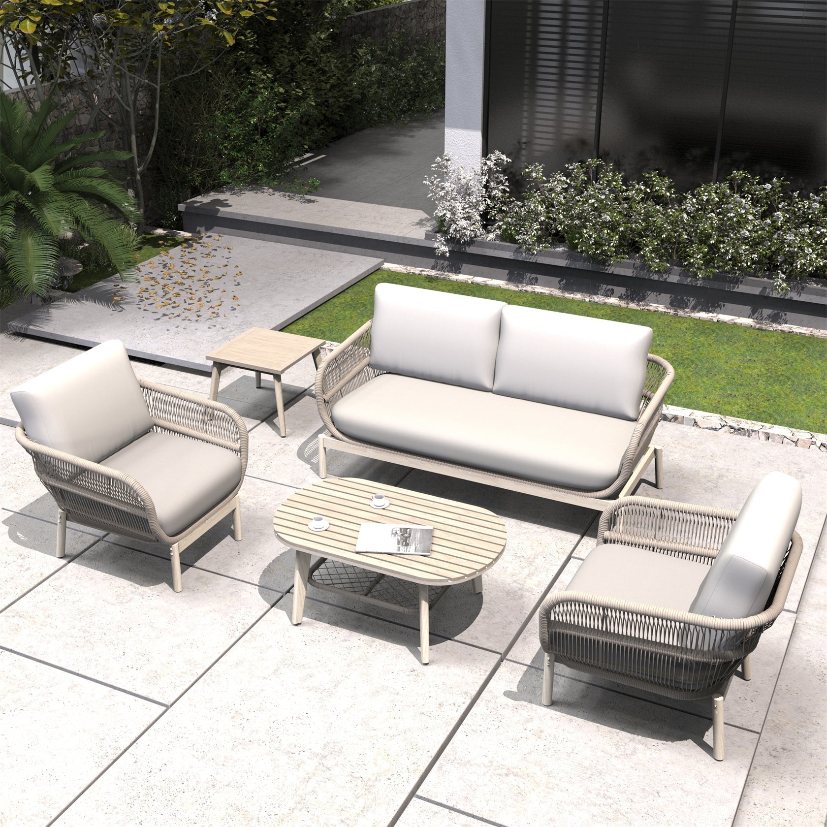 Solid Wood Bench & Chair Sets – Outdoor Seating Set with Comfort & Woven Rope Design (PAC - 2524) - Direct Wicker