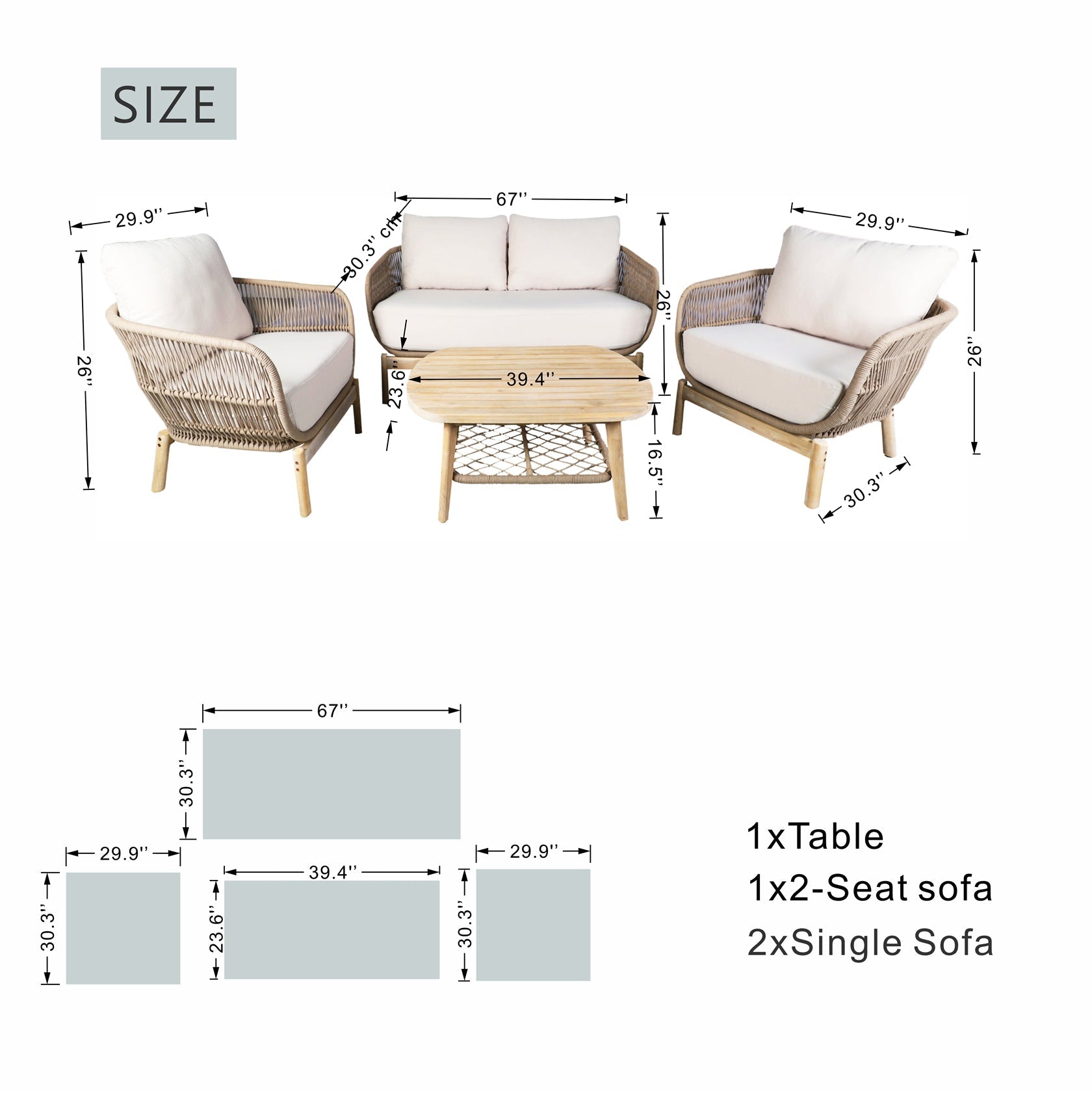 Solid Wood Bench & Chair Sets – Outdoor Seating Set with Comfort & Woven Rope Design (PAC - 2524) - Direct Wicker