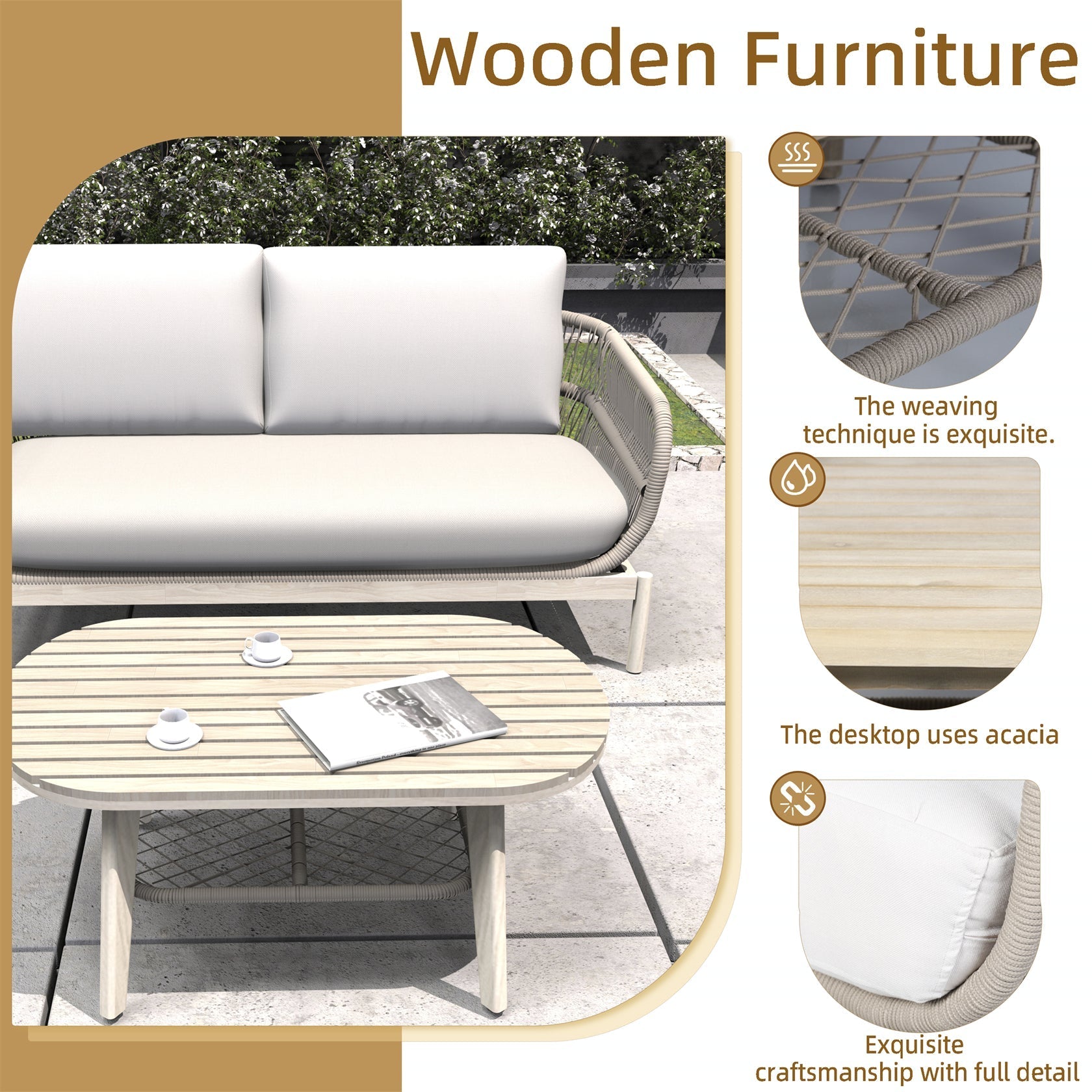 Solid Wood Bench & Chair Sets – Outdoor Seating Set with Comfort & Woven Rope Design (PAC - 2524) - Direct Wicker