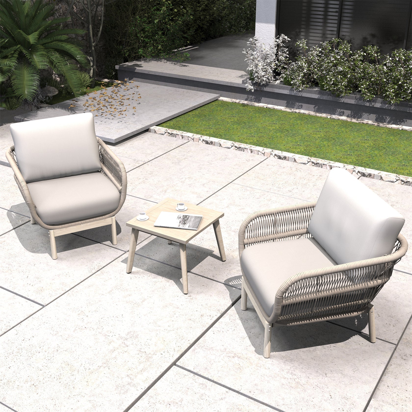 Solid Wood Bench & Chair Sets – Outdoor Seating Set with Comfort & Woven Rope Design (PAC - 2524) - Direct Wicker
