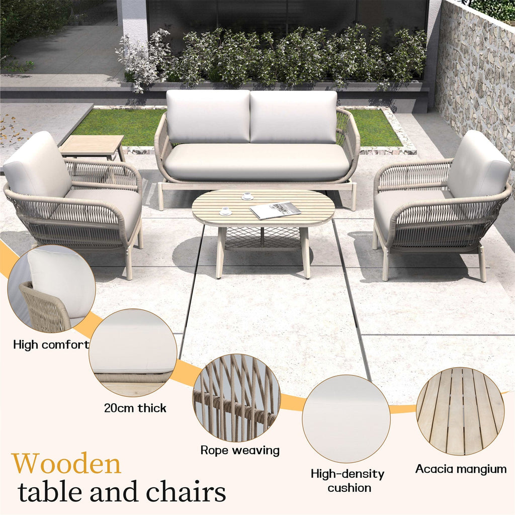 Solid Wood Bench & Chair Sets – Outdoor Seating Set with Comfort & Woven Rope Design (PAC - 2524) - Direct Wicker