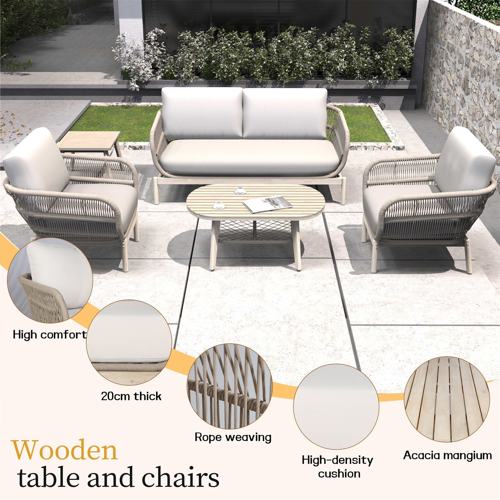 Solid Wood Bench & Chair Sets – Outdoor Seating Set with Comfort & Woven Rope Design (PAC - 2524) - Direct Wicker
