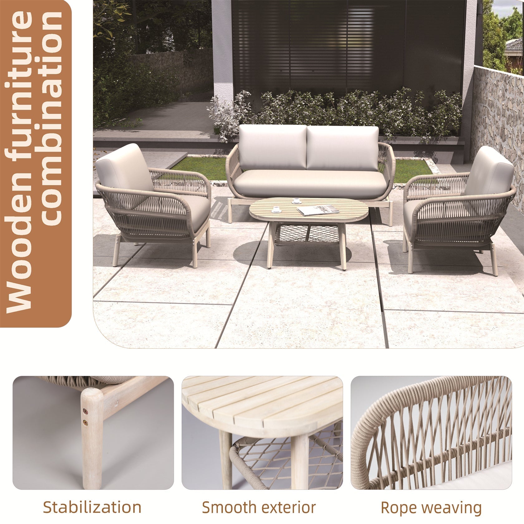 Solid Wood Bench & Chair Sets – Outdoor Seating Set with Comfort & Woven Rope Design (PAC - 2524) - Direct Wicker