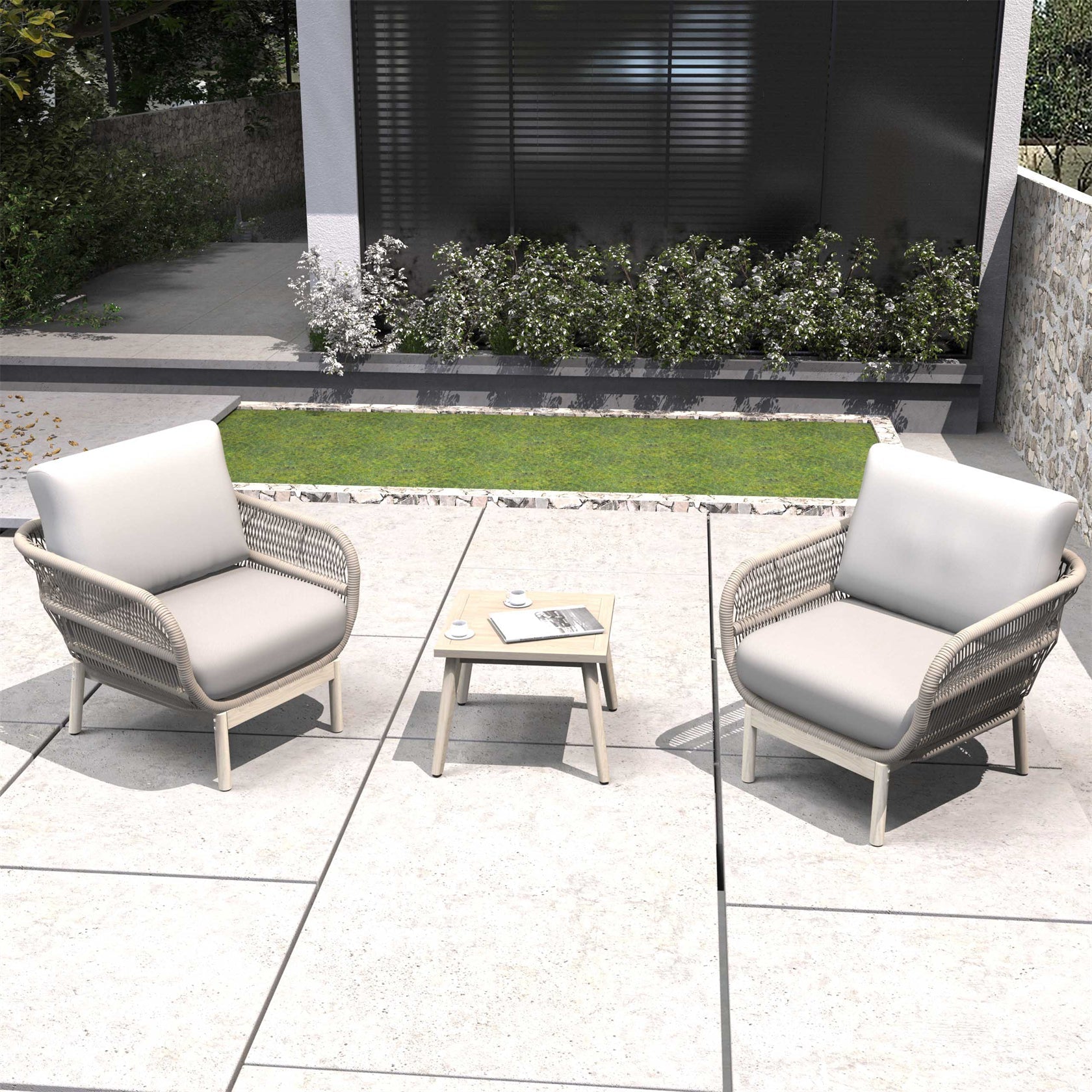 Solid Wood Bench & Chair Sets – Outdoor Woven Rope Design Seating Set ...