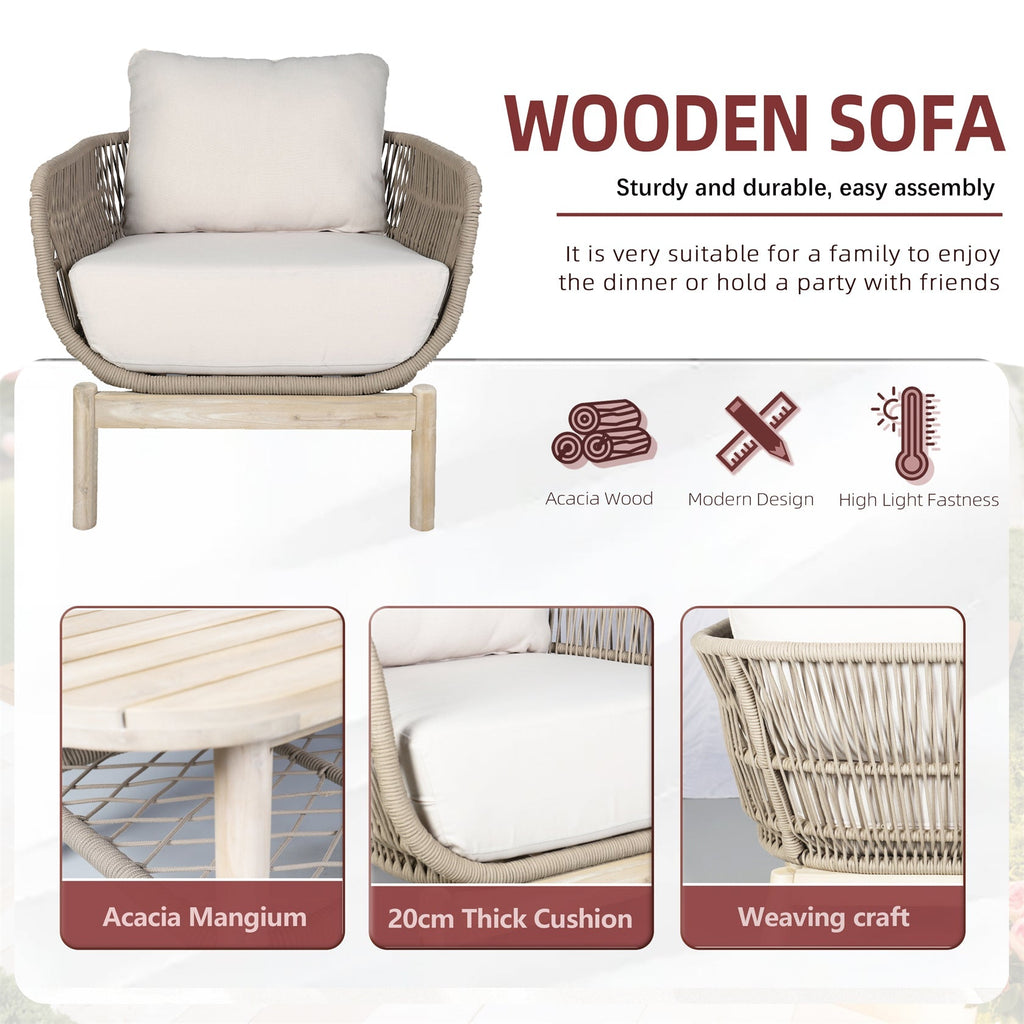 Solid Wood Bench & Chair Sets – Outdoor Seating Set with Comfort & Woven Rope Design (PAC - 2524) - Direct Wicker