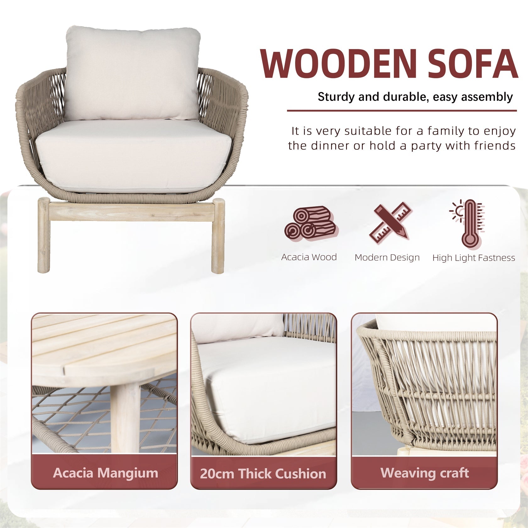 Solid Wood Bench & Chair Sets – Outdoor Seating Set with Comfort & Woven Rope Design (PAC - 2524) - Direct Wicker