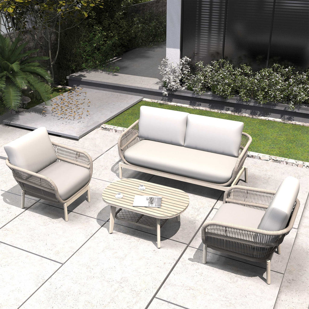 Solid Wood Bench & Chair Sets – Outdoor Seating Set with Comfort & Woven Rope Design (PAC - 2524) - Direct Wicker