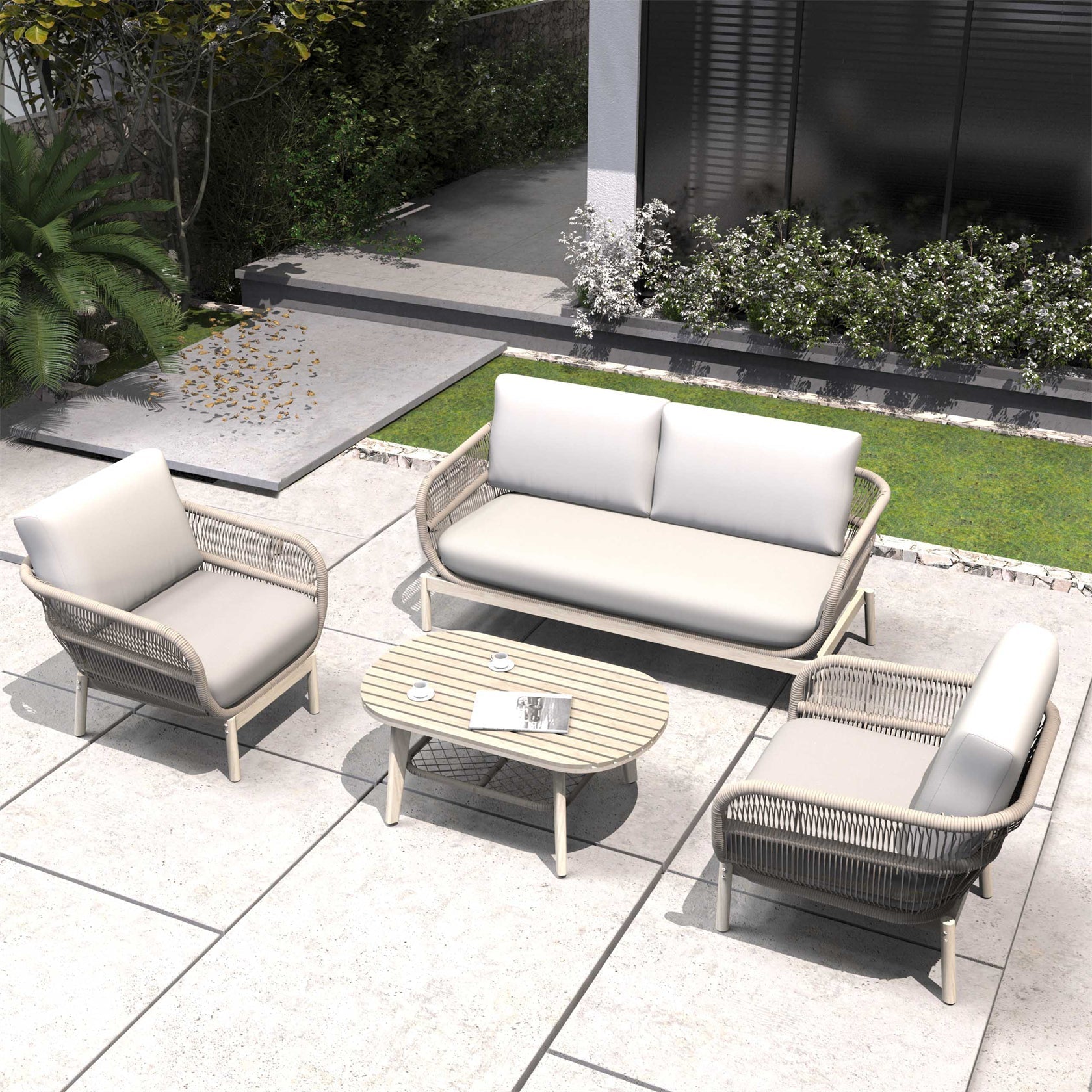 Solid Wood Bench & Chair Sets – Outdoor Seating Set with Comfort & Woven Rope Design (PAC - 2524) - Direct Wicker