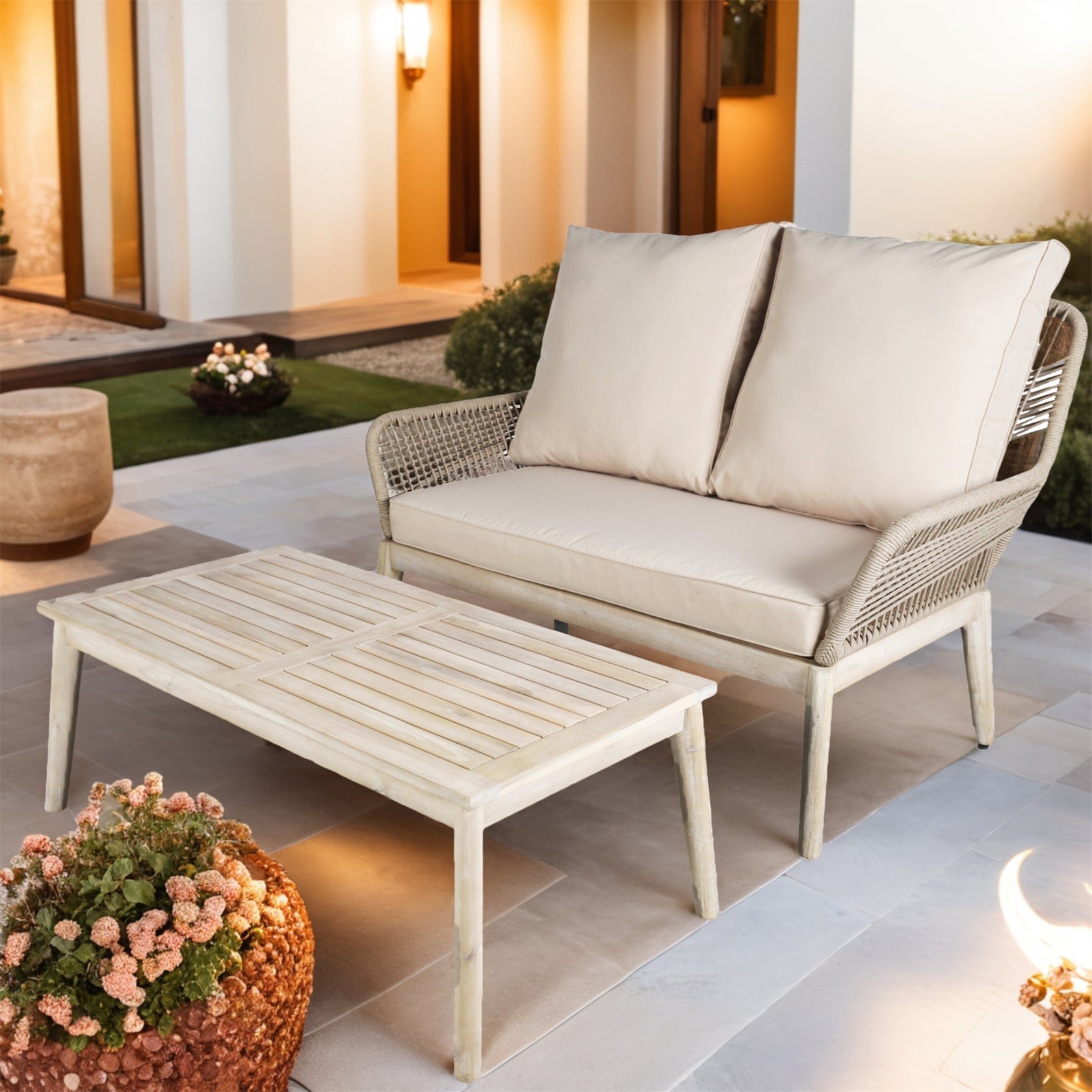 Solid Wood Bench & Chair Sets – Outdoor Seating Set with Rope Design (PAC - 2522) - Direct Wicker
