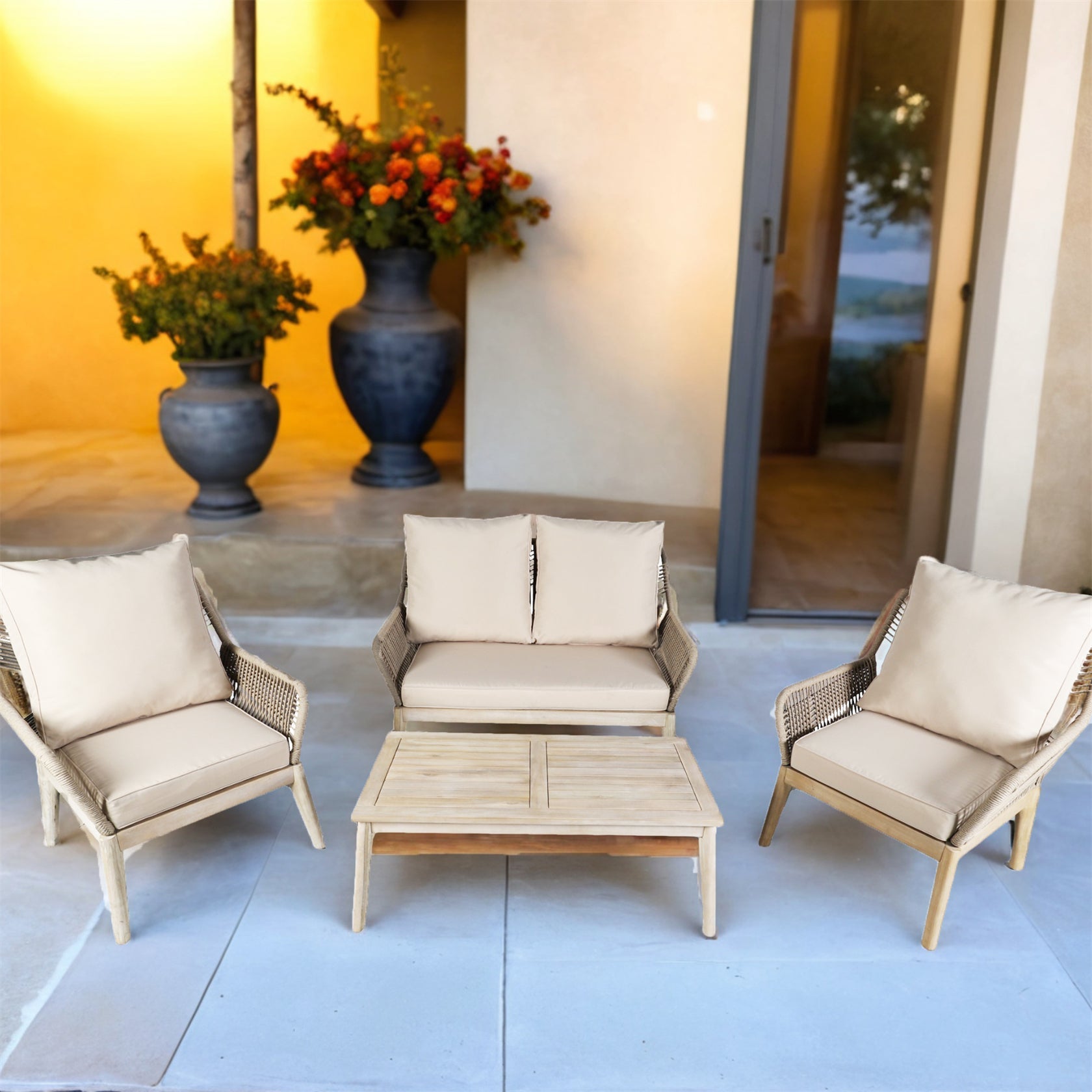 Solid Wood Bench & Chair Sets – Outdoor Seating Set with Rope Design (PAC - 2522) - Direct Wicker