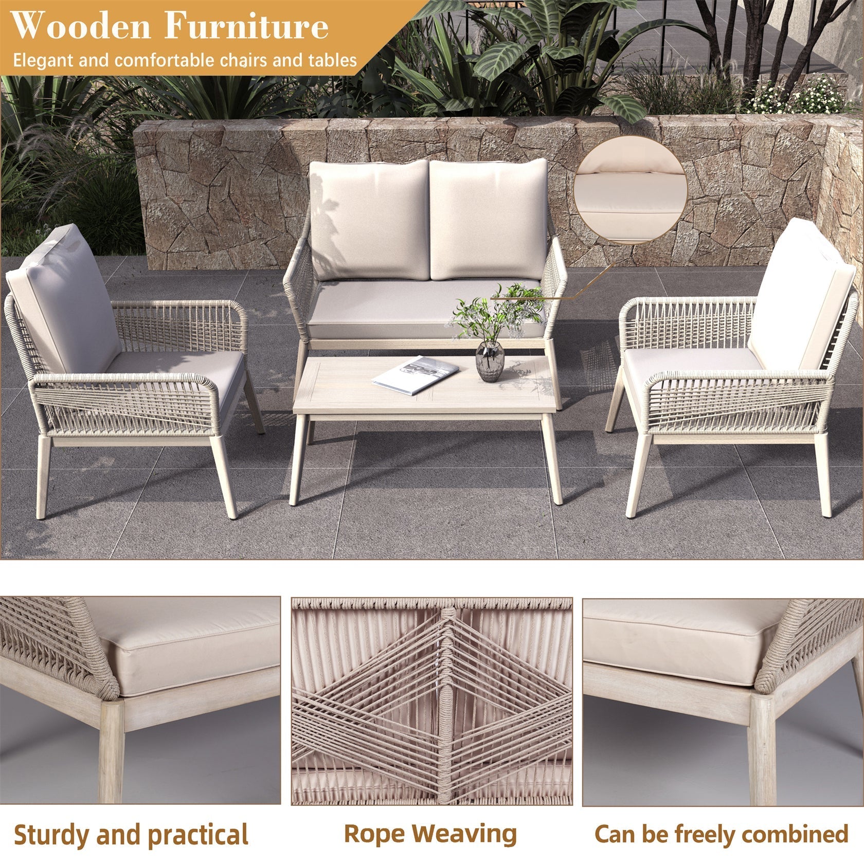 Solid Wood Bench & Chair Sets – Outdoor Seating Set with Rope Design (PAC - 2522) - Direct Wicker