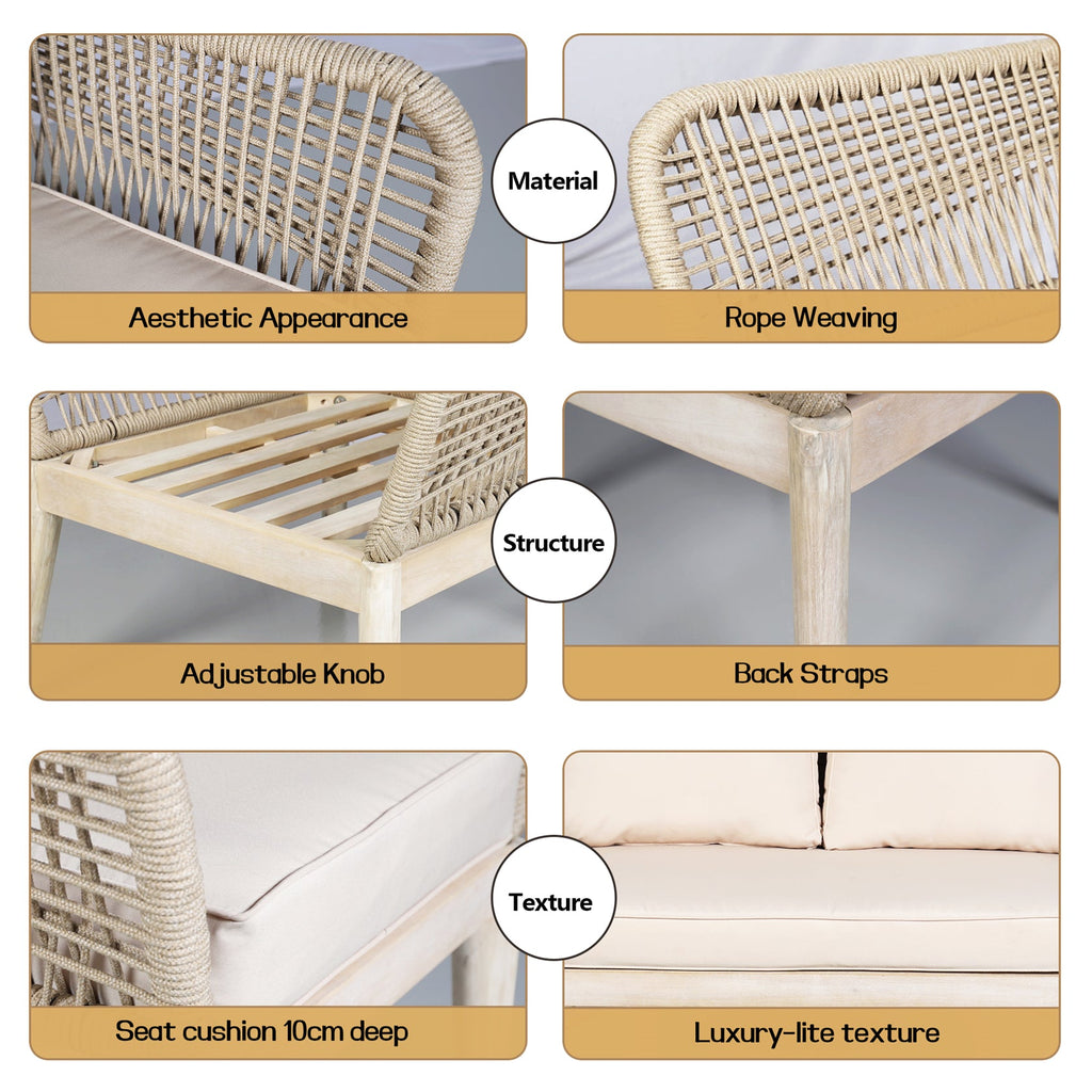 Solid Wood Bench & Chair Sets – Outdoor Seating Set with Rope Design (PAC - 2522) - Direct Wicker